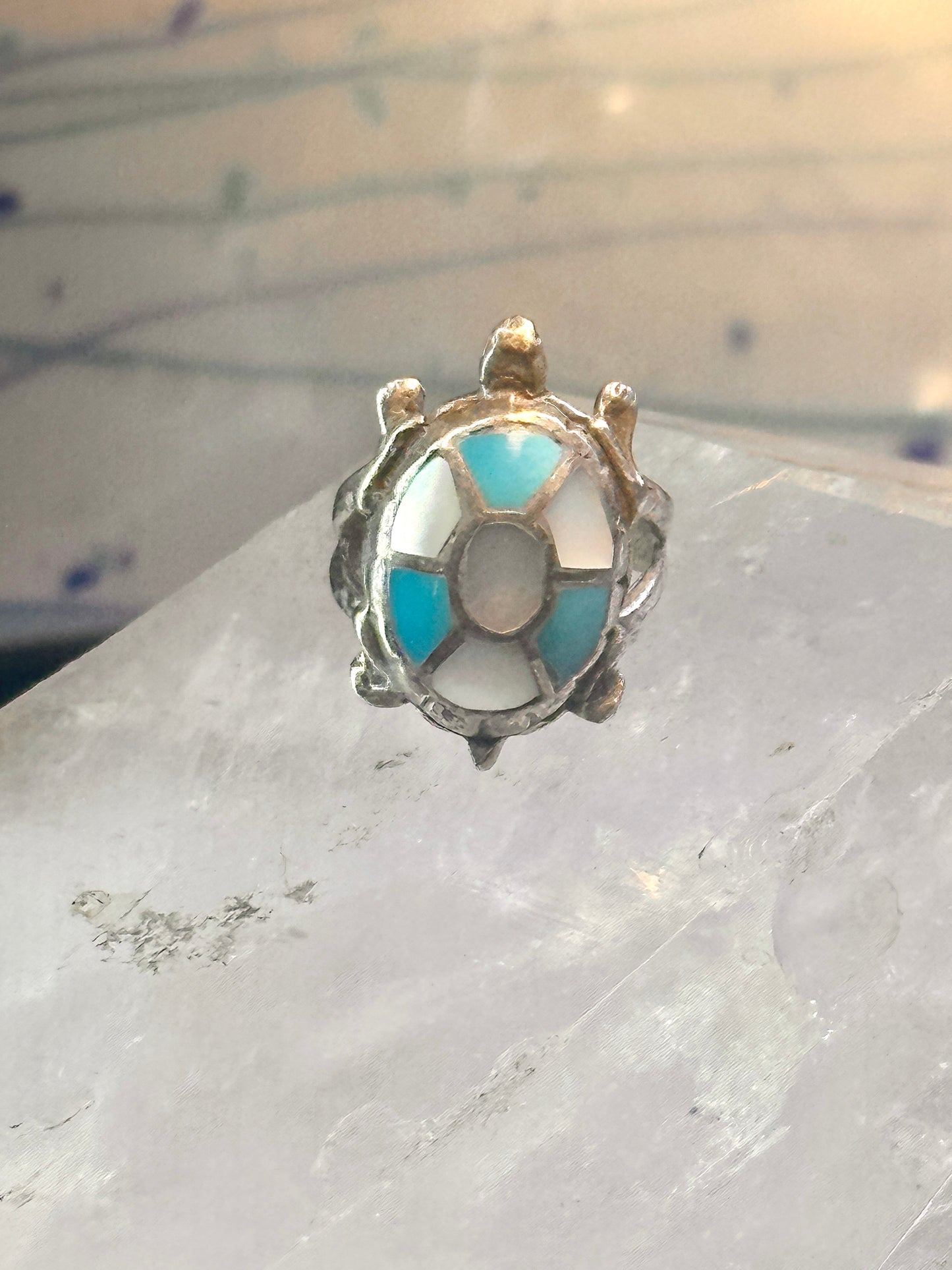 Zuni turtle ring turquoise mother of pearl size 6 sterling silver women girls