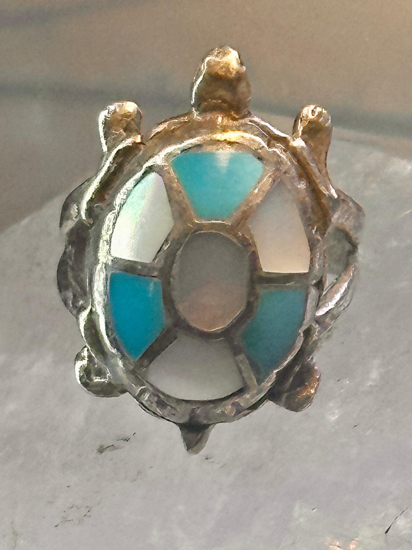 Zuni turtle ring turquoise mother of pearl size 6 sterling silver women girls