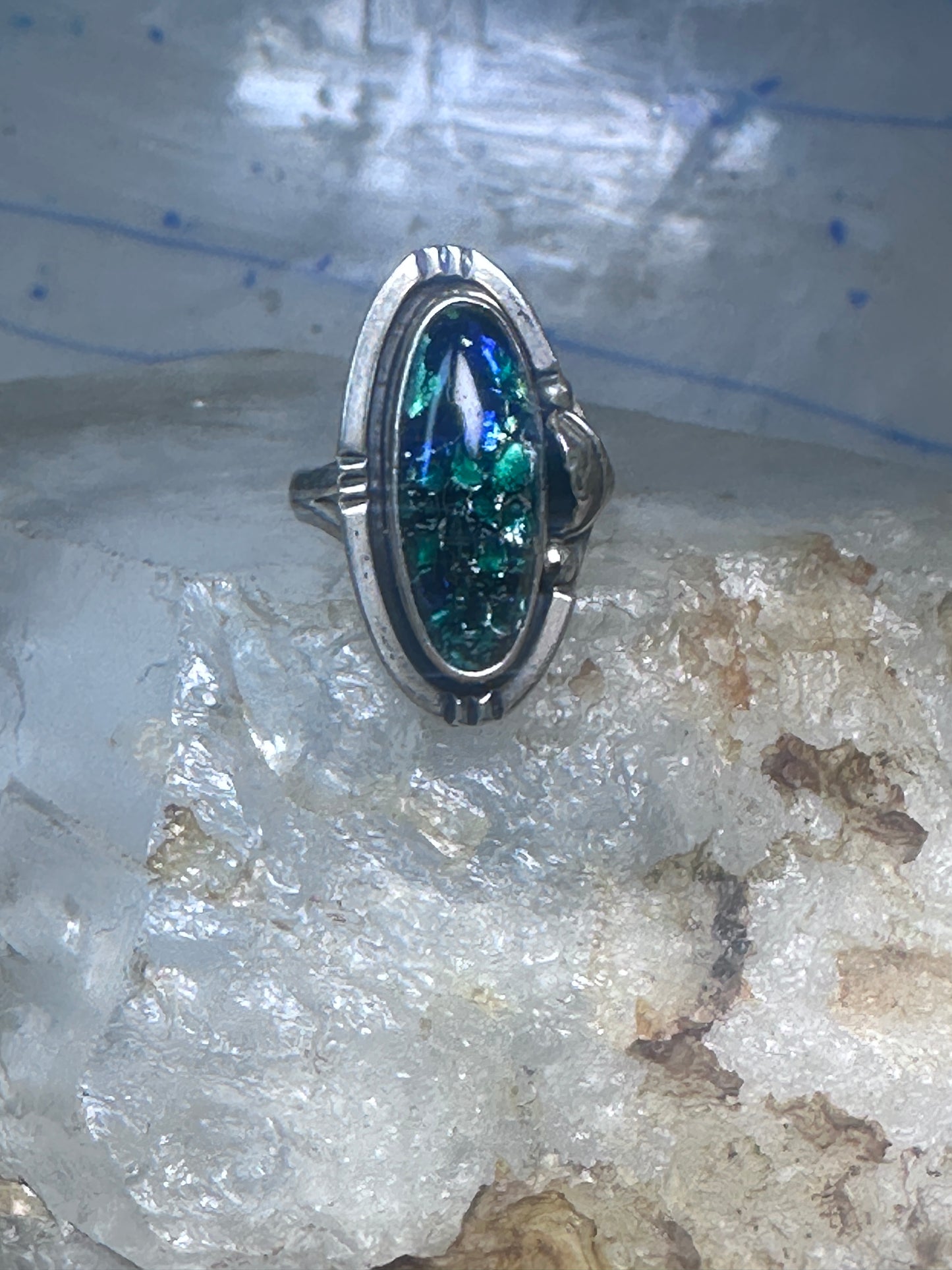 Vintage man made stone ring Long Navajo feather leaf size 6 Sterling silver women