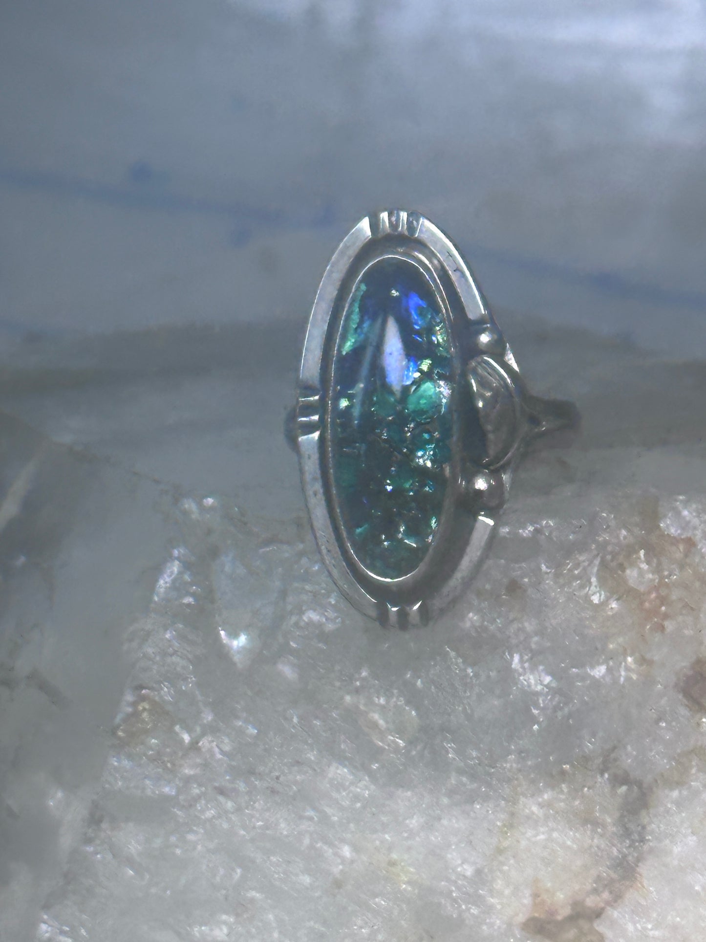 Vintage man made stone ring Long Navajo feather leaf size 6 Sterling silver women