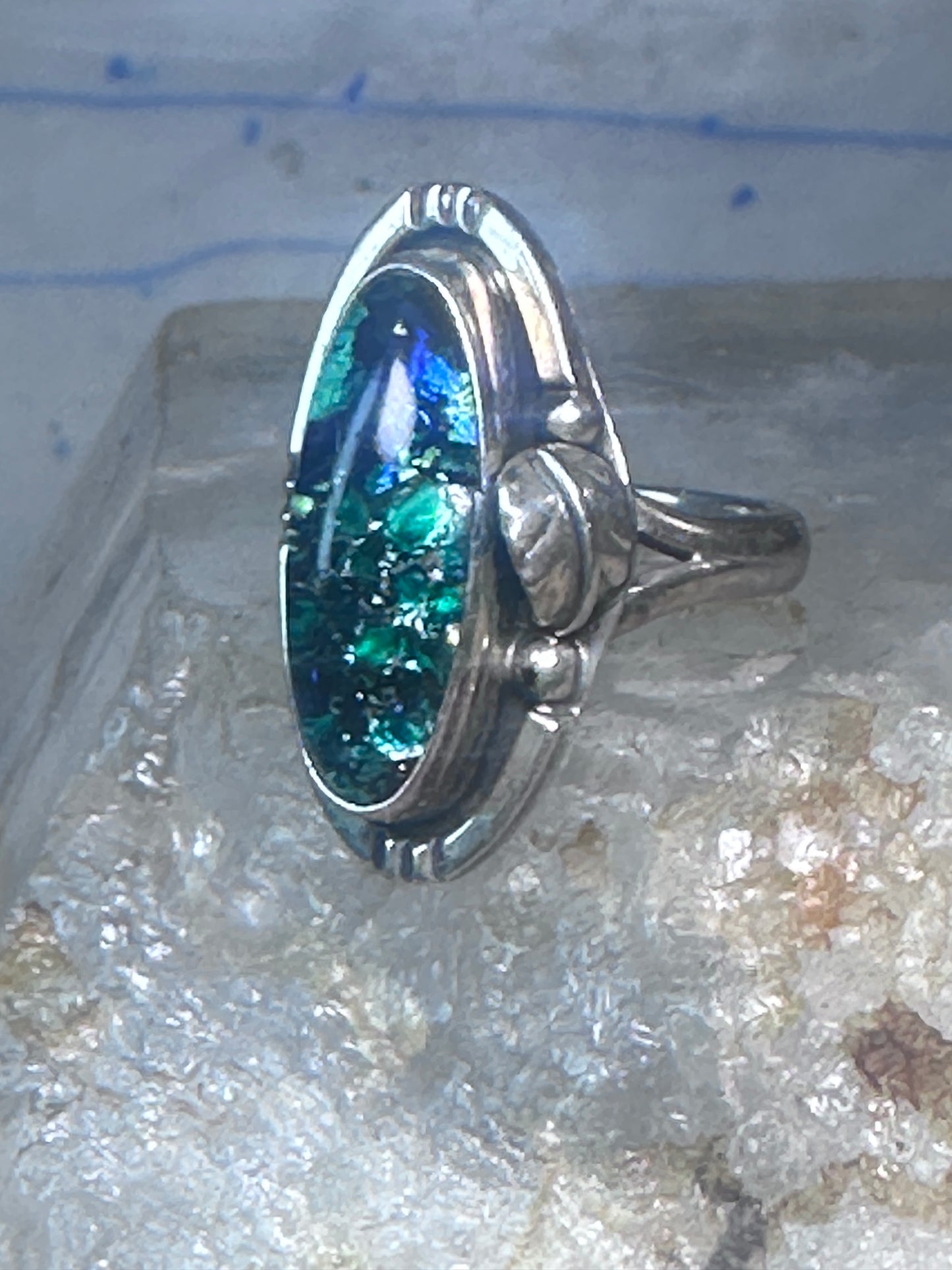 Vintage man made stone ring Long Navajo feather leaf size 6 Sterling silver women