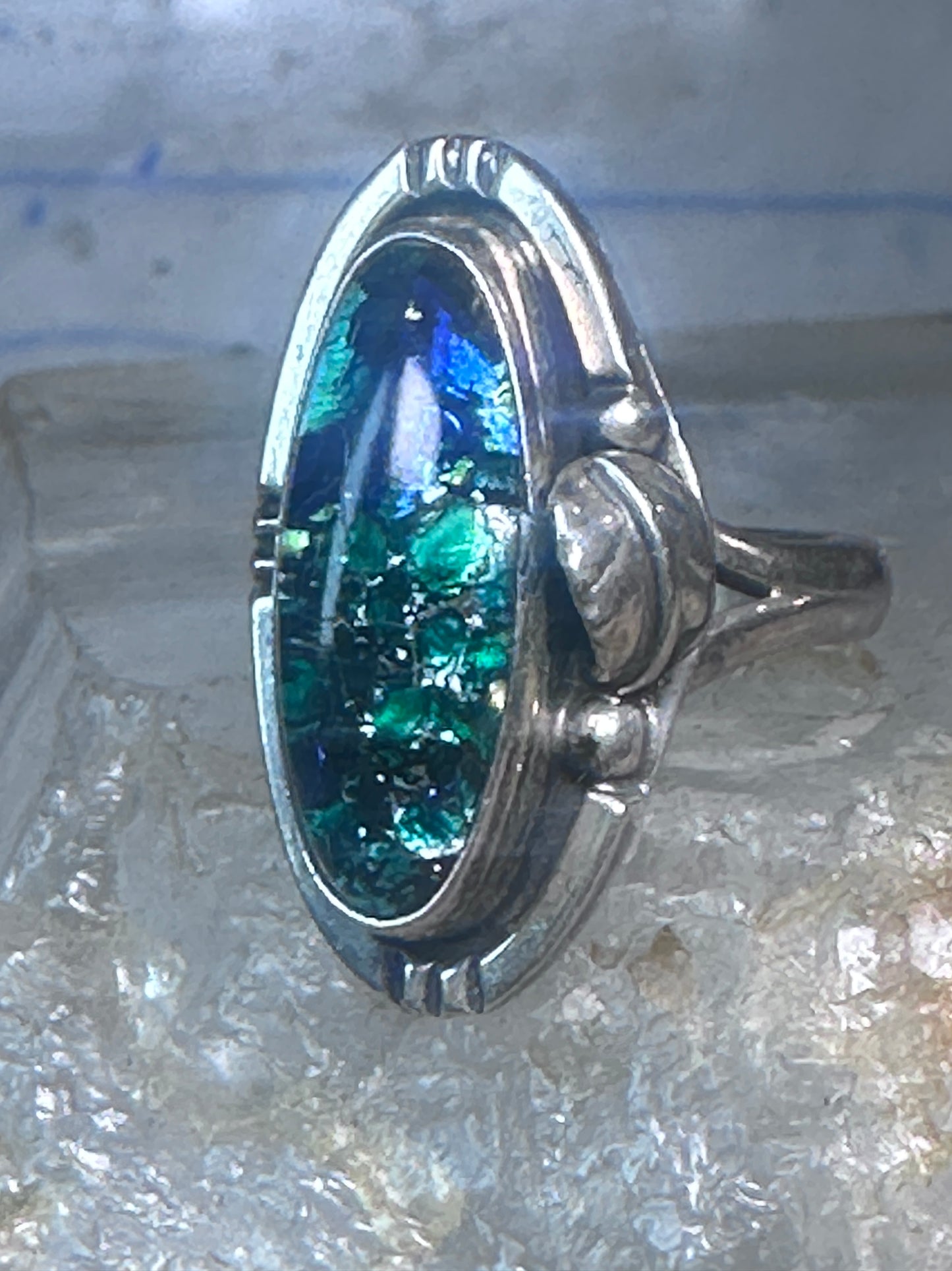 Vintage man made stone ring Long Navajo feather leaf size 6 Sterling silver women