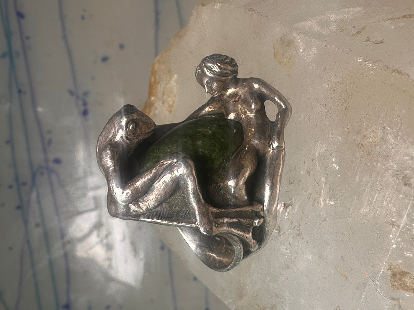 Vintage frog and naked lady ring heavy with green stone size 5 Sterling silver women
