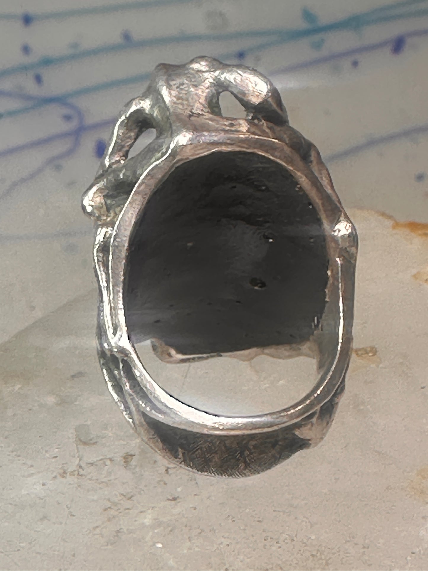 Vintage frog and naked lady ring heavy with green stone size 5 Sterling silver women