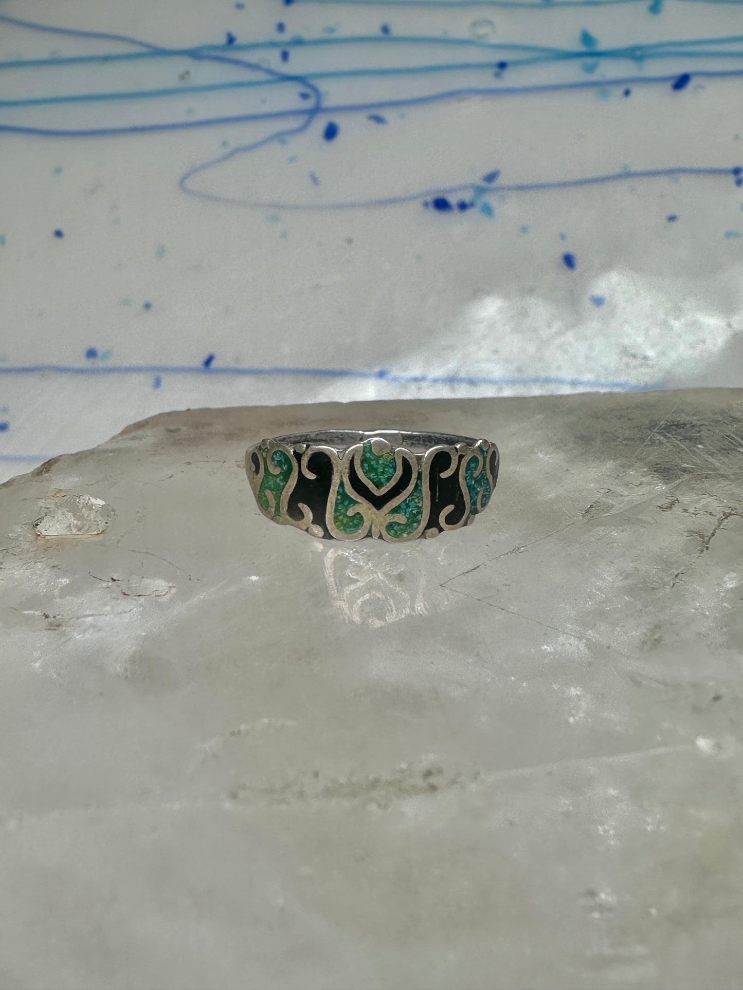 Vintage turquoise chip ring Mexico band size 6.25 sterling silver women