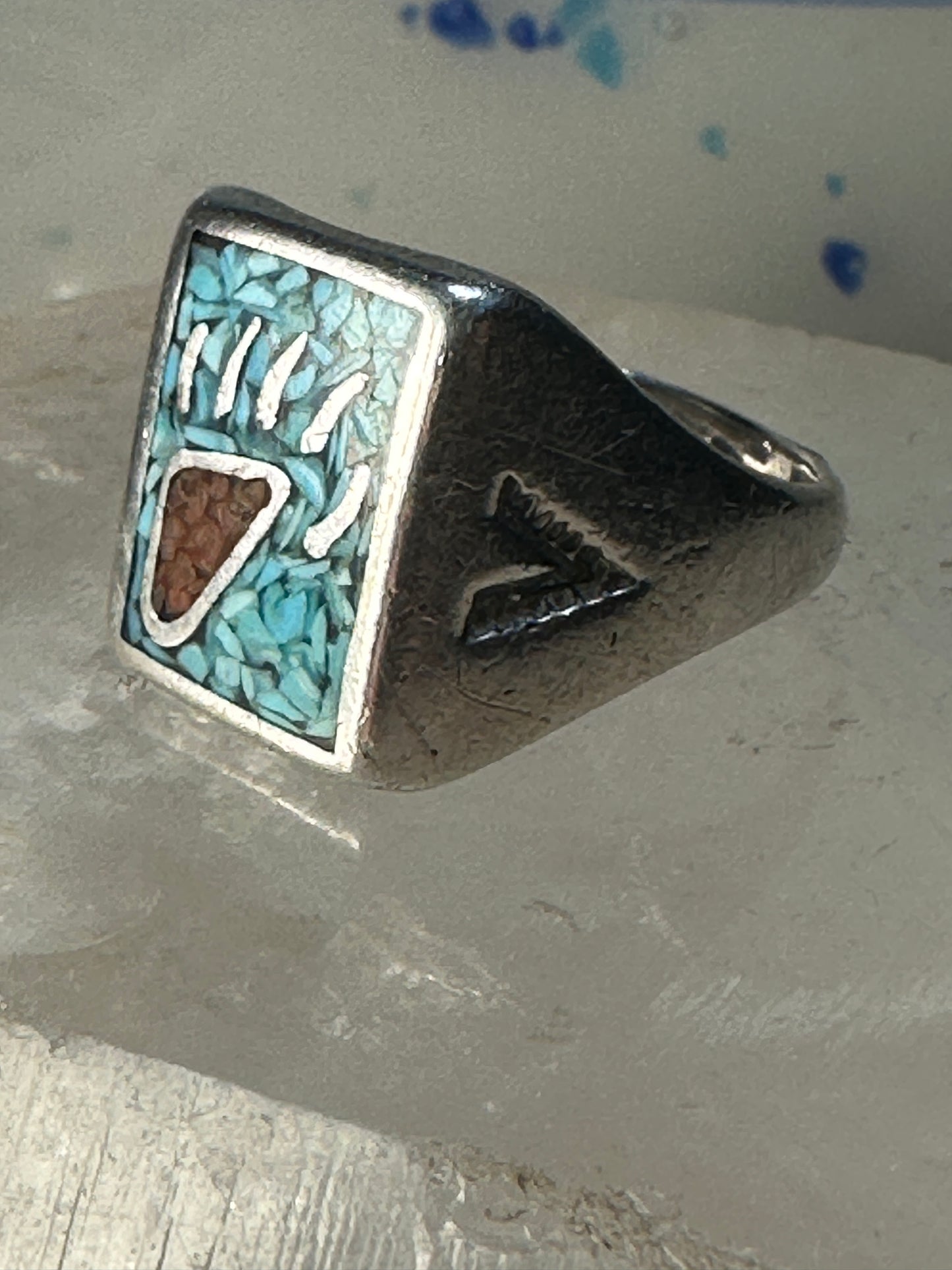 Bear Claw Ring size 10.25 turquoise coral chips southwest sterling silver women men