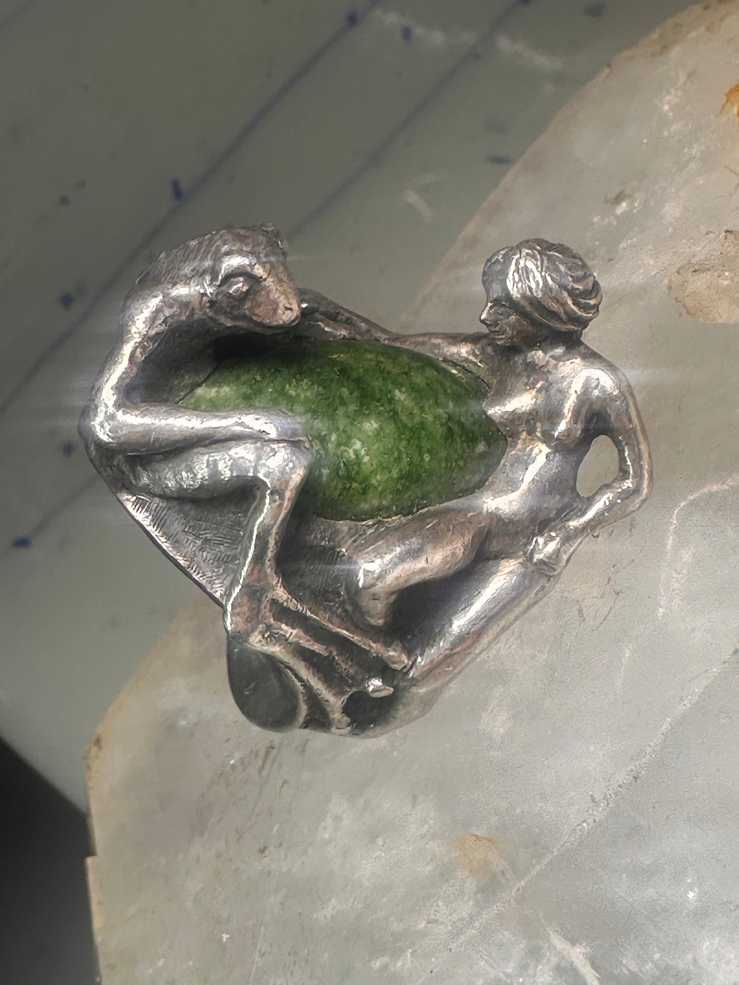 Vintage frog and naked lady ring heavy with green stone size 5 Sterling silver women