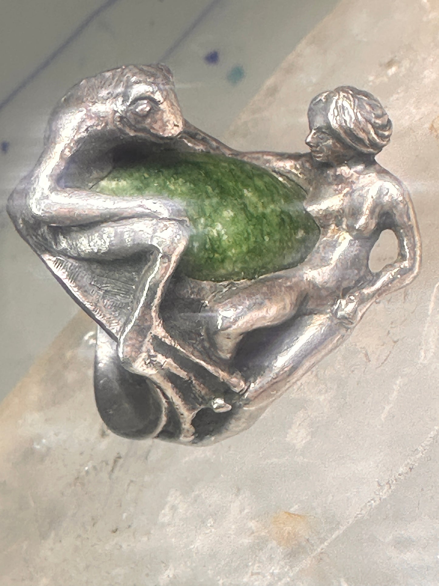Vintage frog and naked lady ring heavy with green stone size 5 Sterling silver women