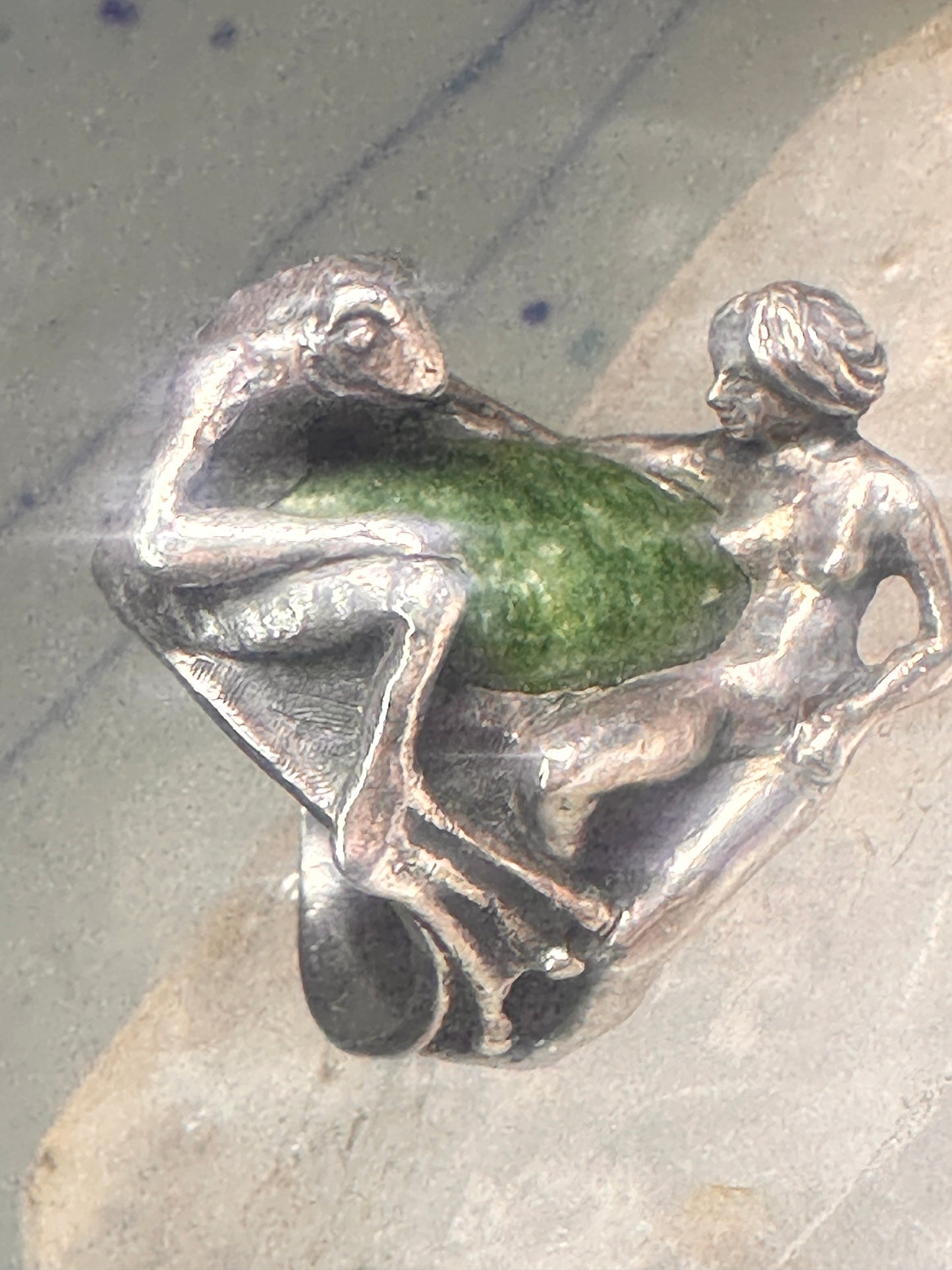 Vintage frog and naked lady ring heavy with green stone size 5 Sterling silver women