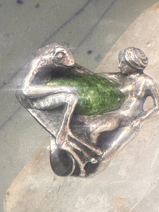 Vintage frog and naked lady ring heavy with green stone size 5 Sterling silver women
