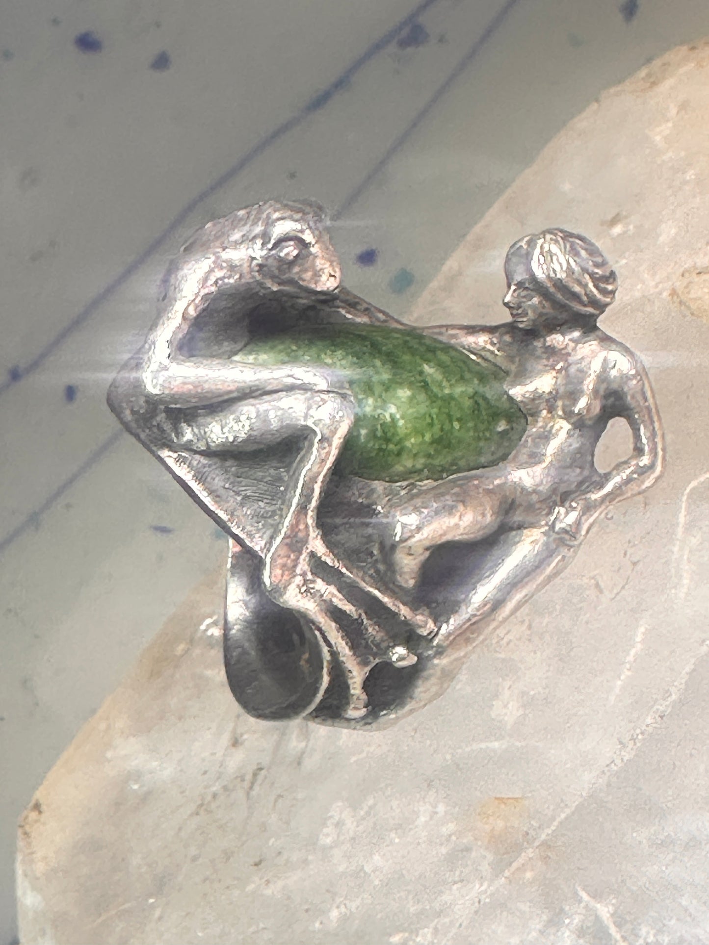 Vintage frog and naked lady ring heavy with green stone size 5 Sterling silver women