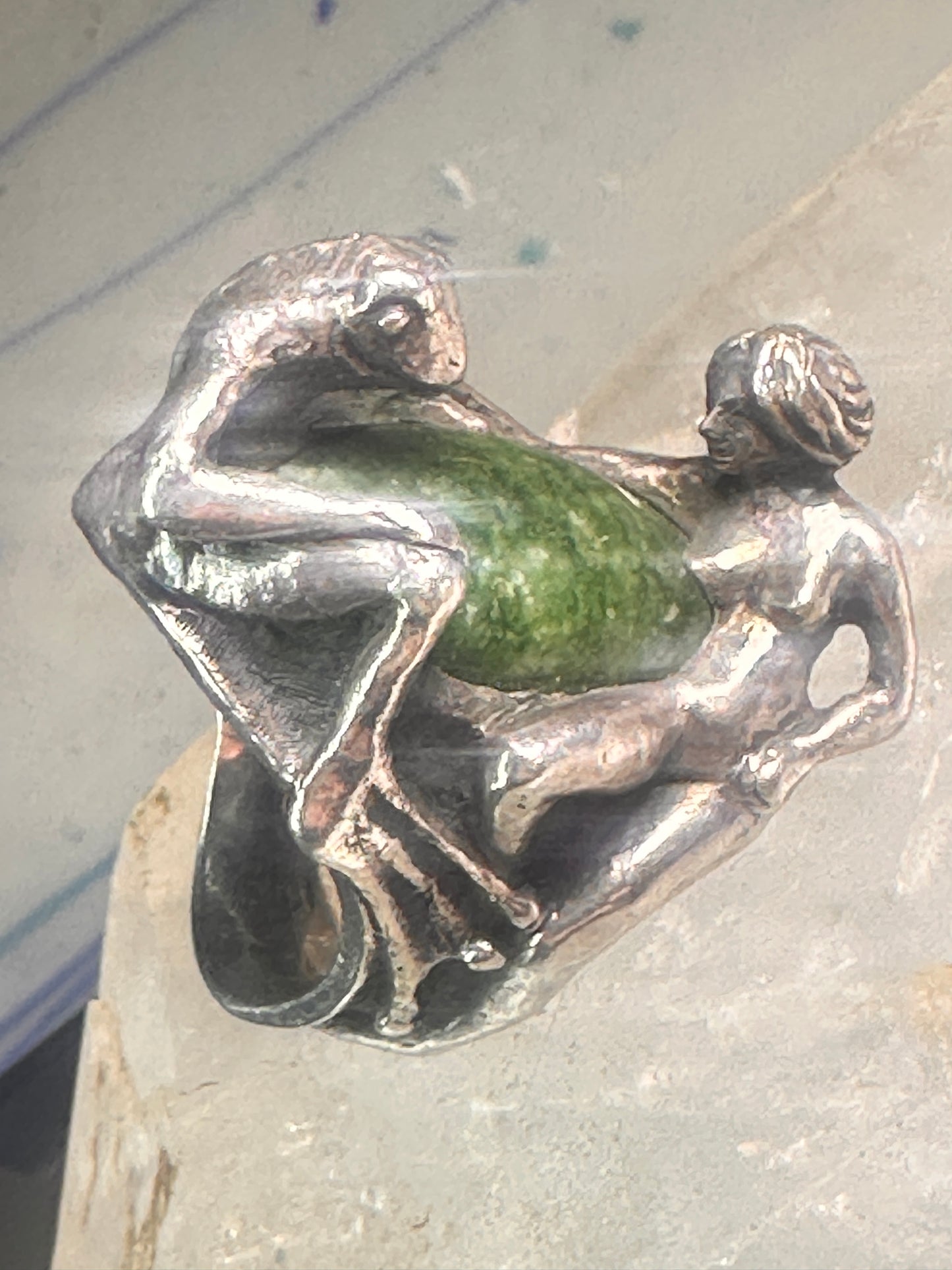 Vintage frog and naked lady ring heavy with green stone size 5 Sterling silver women