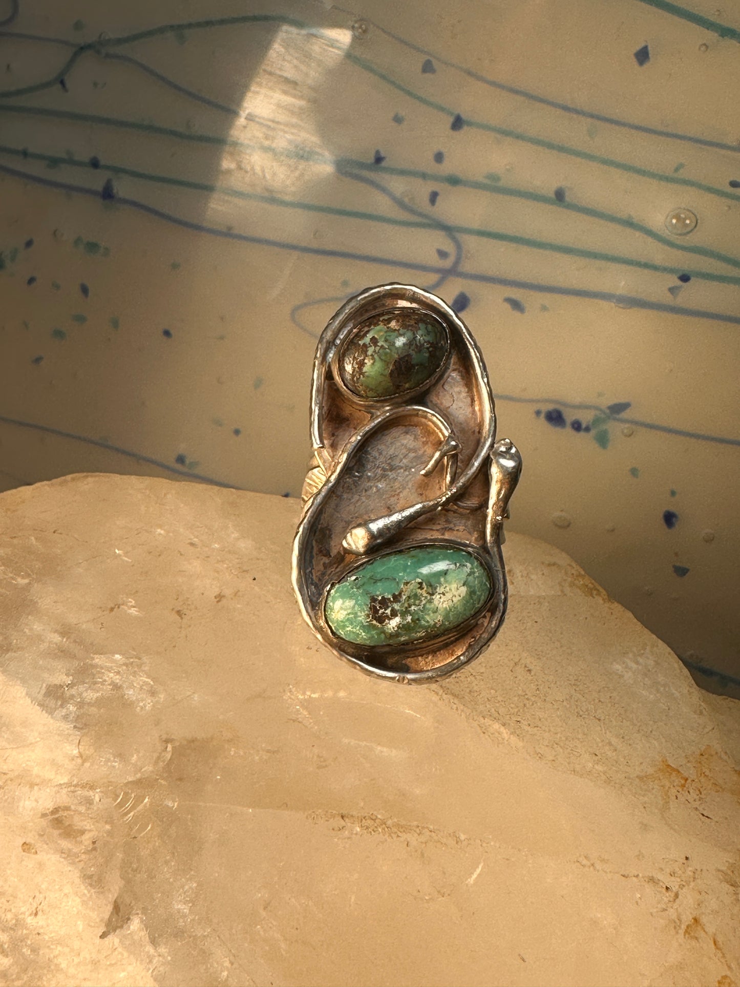 Snake Ring Navajo turquoise double snakes leaf size 9  sterling silver women men