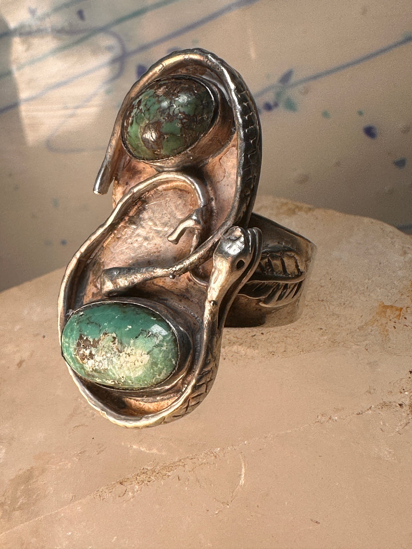 Snake Ring Navajo turquoise double snakes leaf size 9  sterling silver women men