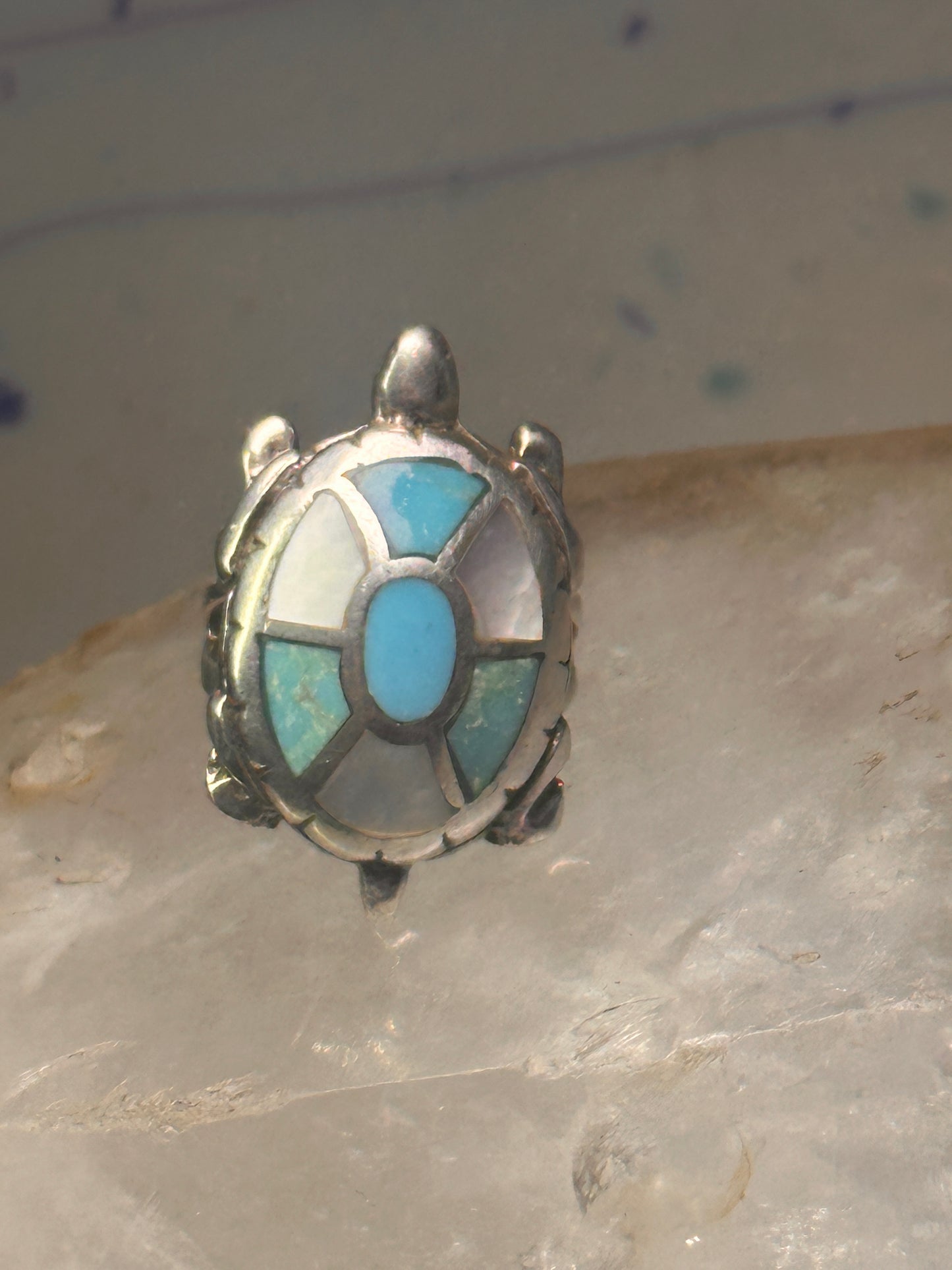 Turtle ring Navajo turquoise MOP size 5 sterling silver women girls pink