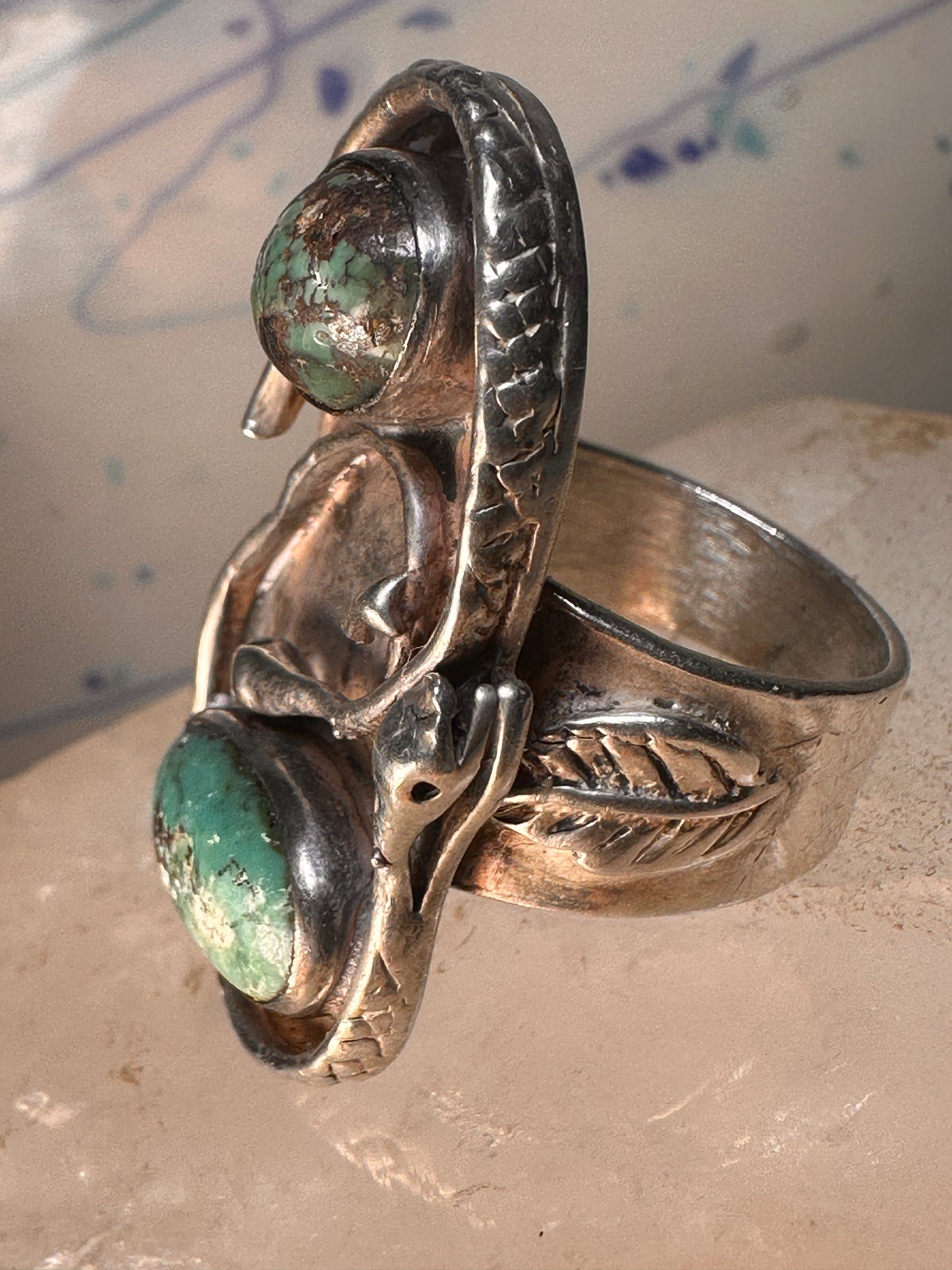 Snake Ring Navajo turquoise double snakes leaf size 9  sterling silver women men