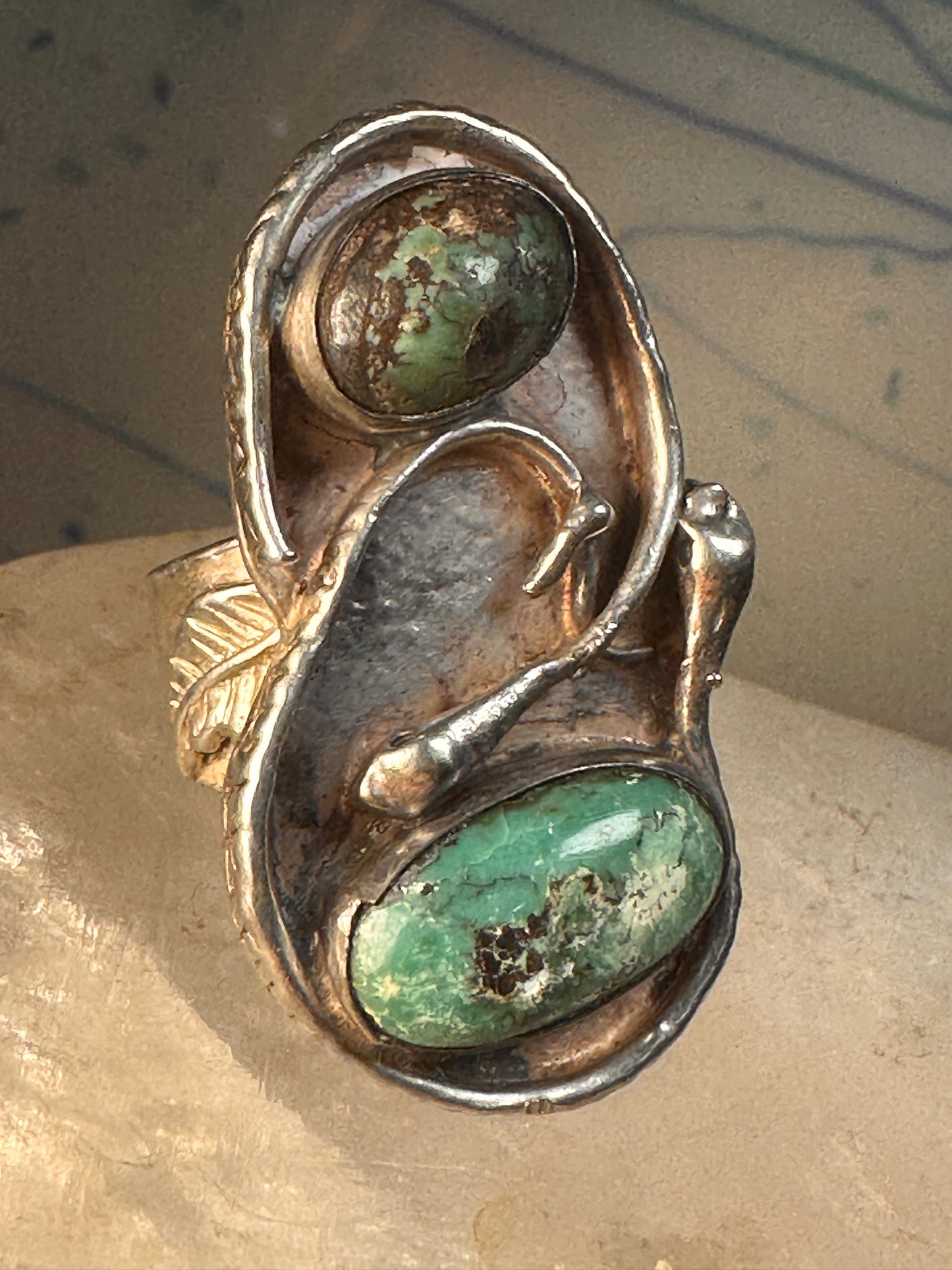 Snake Ring Navajo turquoise double snakes leaf size 9  sterling silver women men