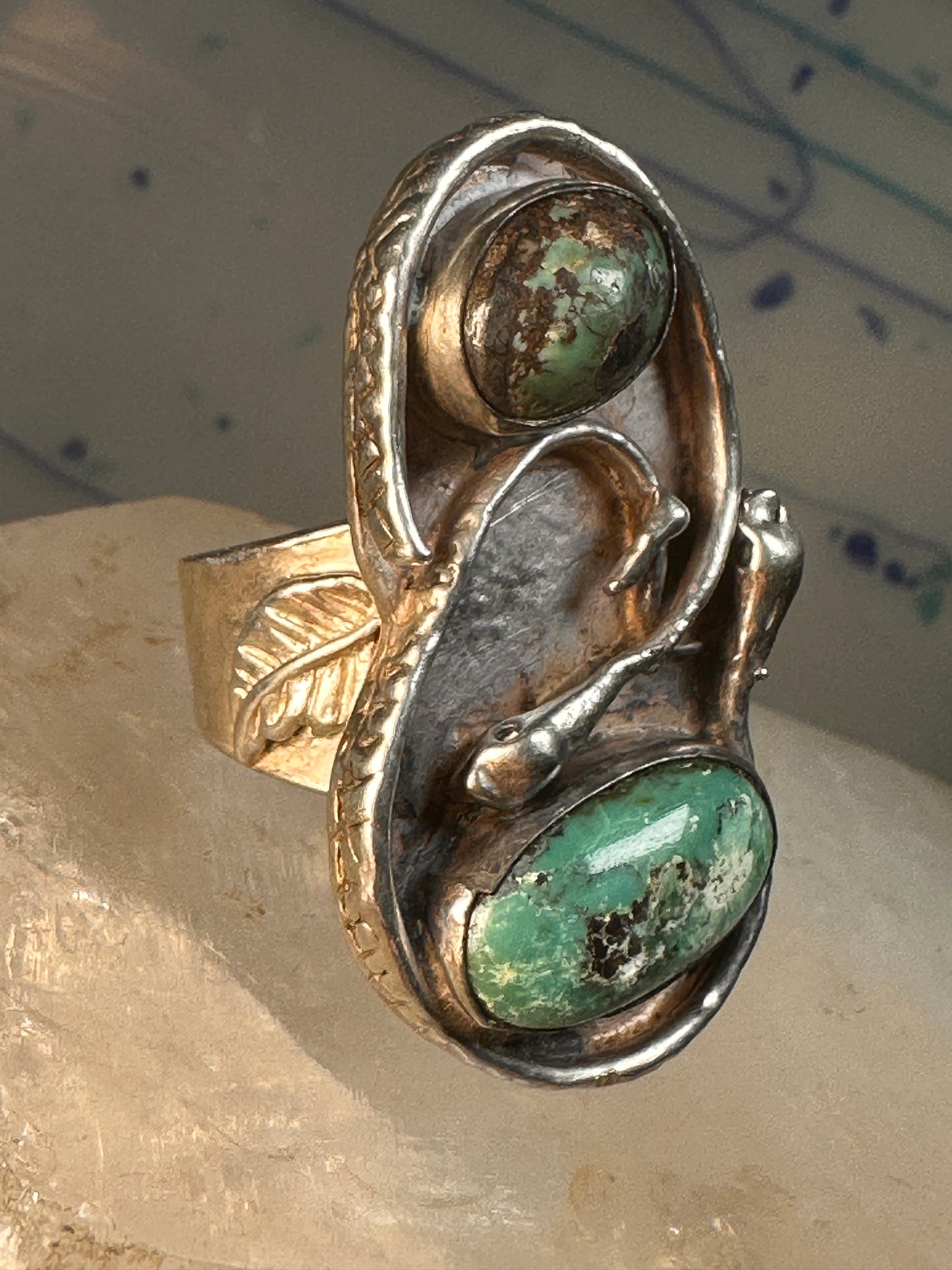 Snake Ring Navajo turquoise double snakes leaf size 9  sterling silver women men