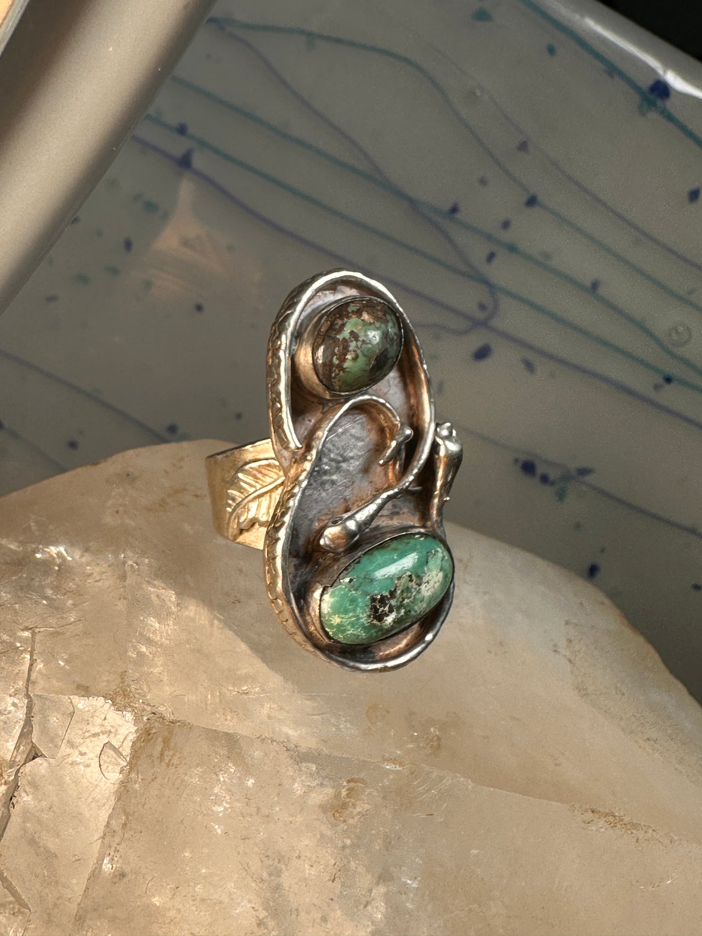 Snake Ring Navajo turquoise double snakes leaf size 9  sterling silver women men