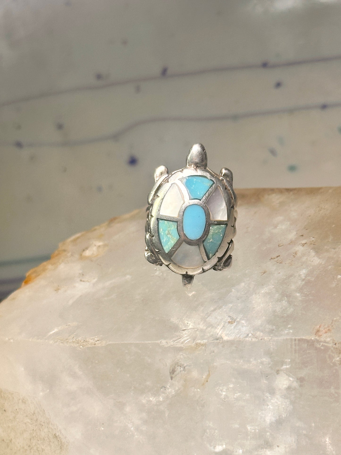 Turtle ring Navajo turquoise MOP size 5 sterling silver women girls pink