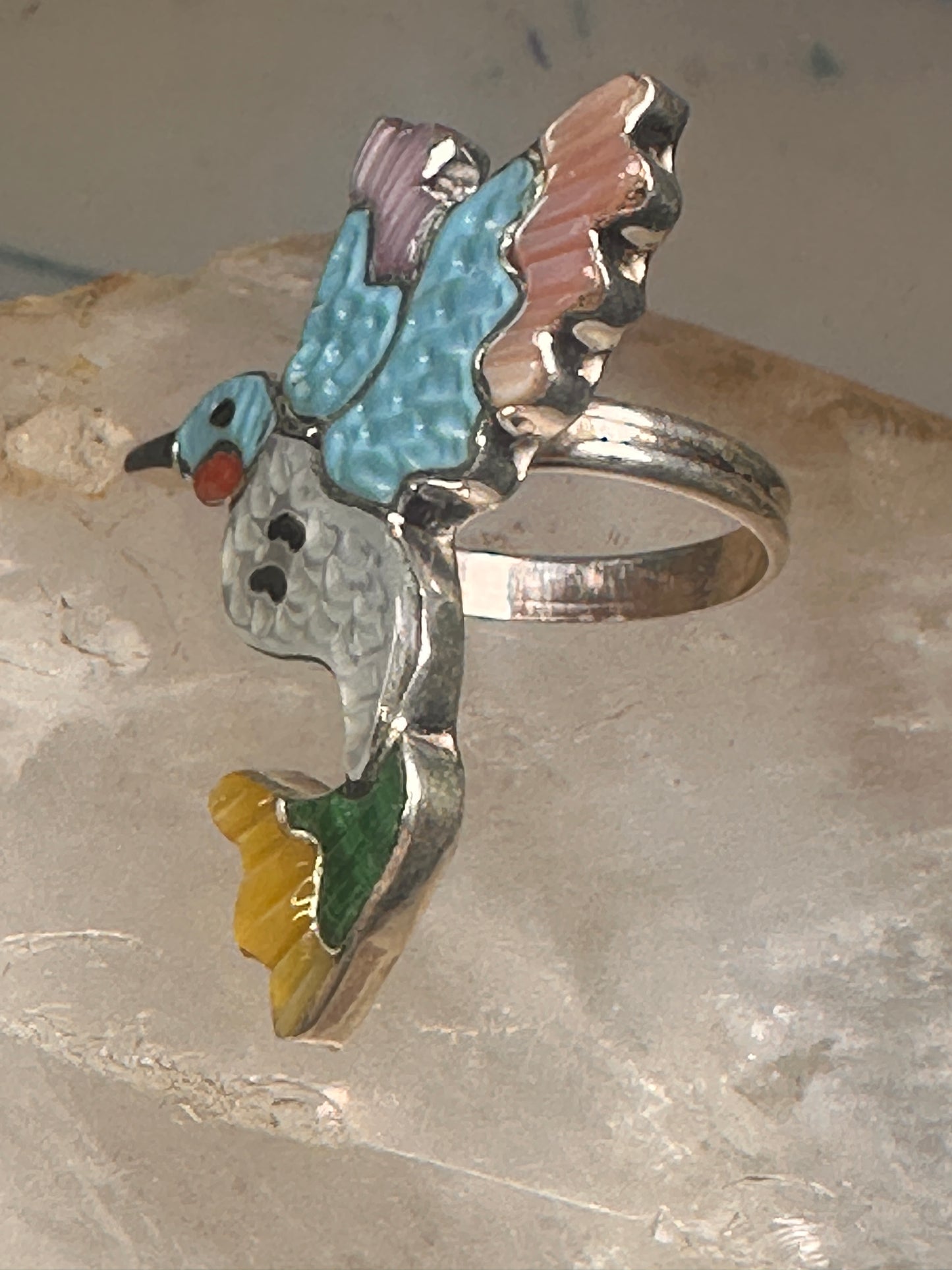 Hummingbird ring Zuni bird turquoise MOP size 6.25 sterling silver women