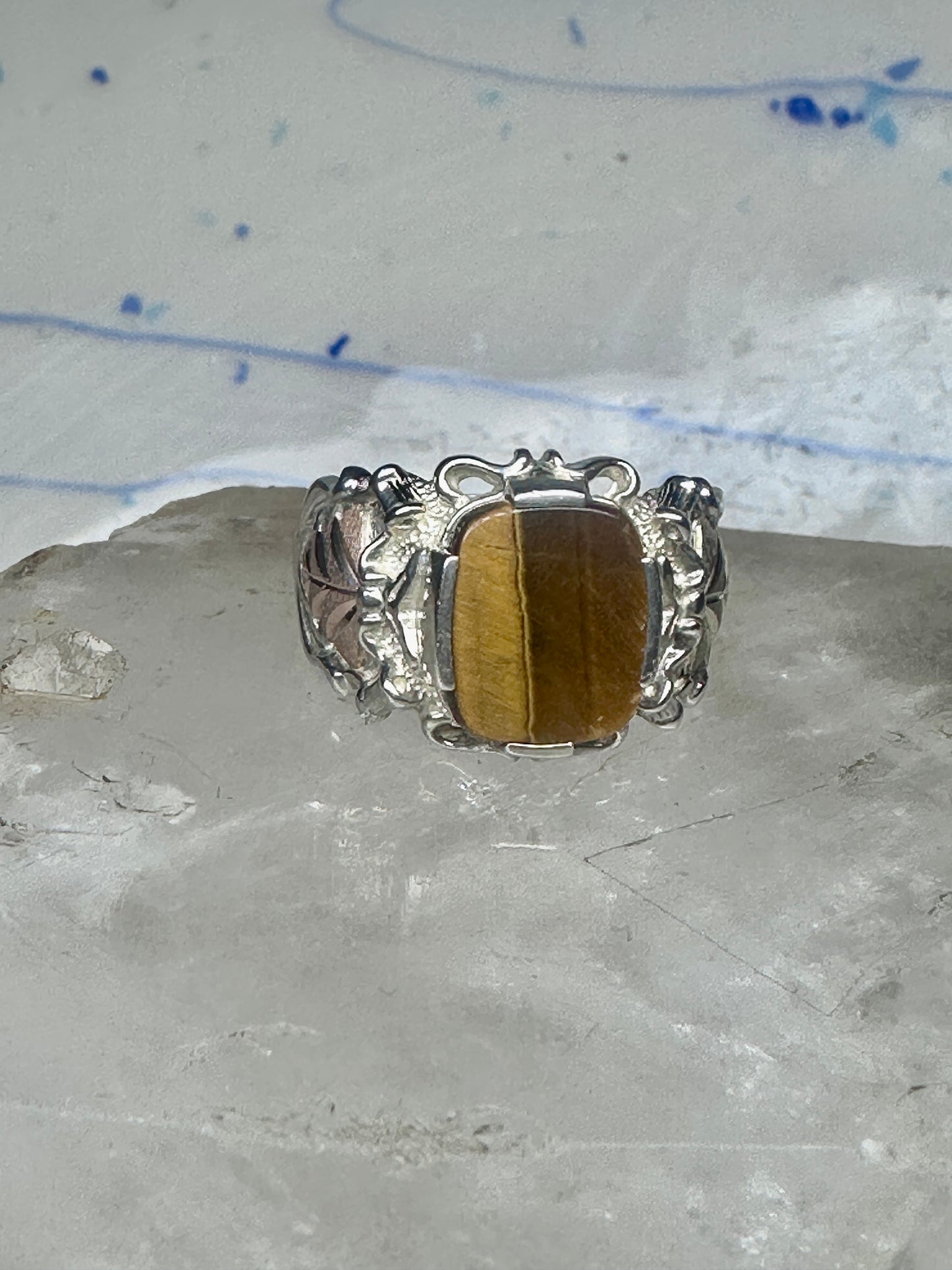 Black Hills gold ring Tiger Eye leaves band size 9.75 sterling silver women men