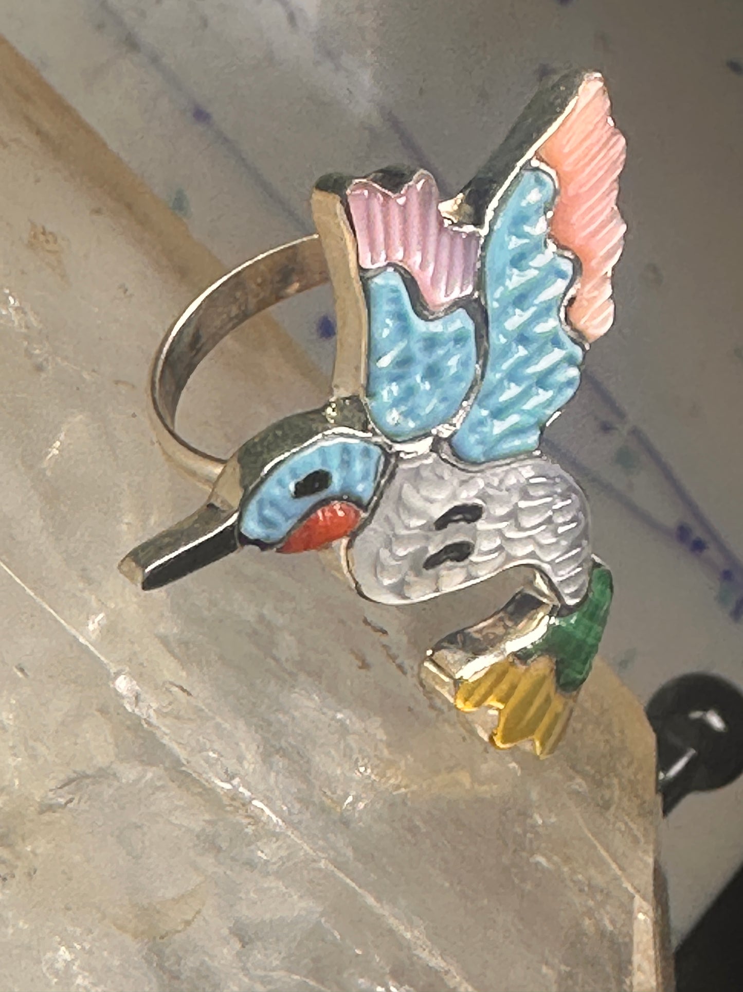 Hummingbird ring Zuni bird turquoise MOP size 6.25 sterling silver women