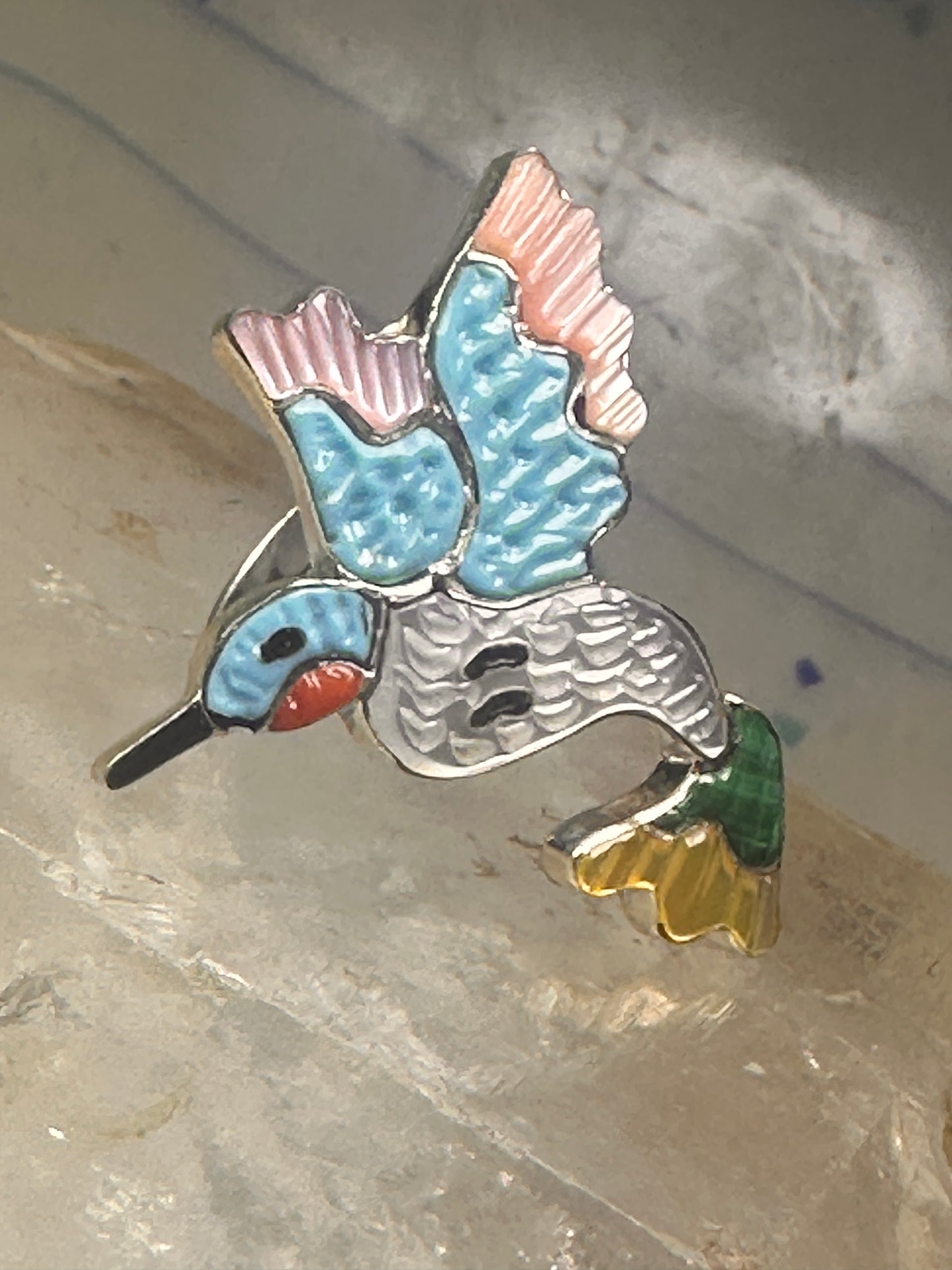 Hummingbird ring Zuni bird turquoise MOP size 6.25 sterling silver women