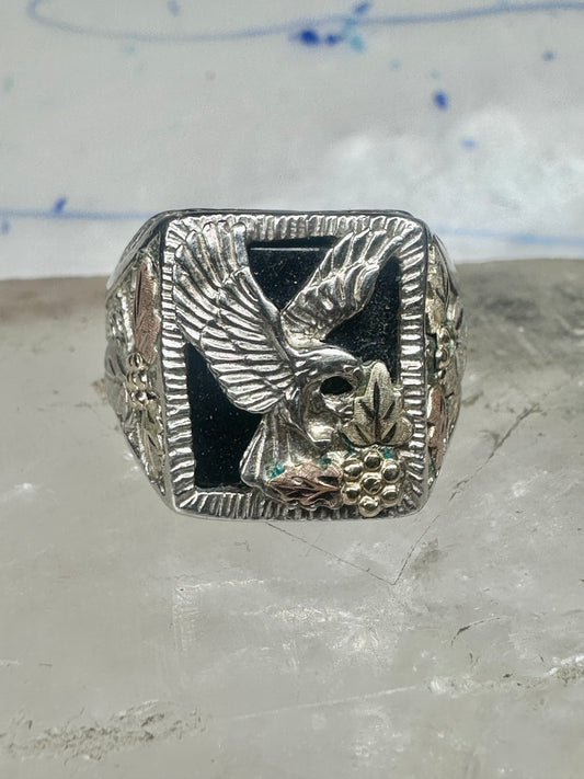 Black Hills Gold ring Eagle onyx leaves band size 13 sterling silver women men