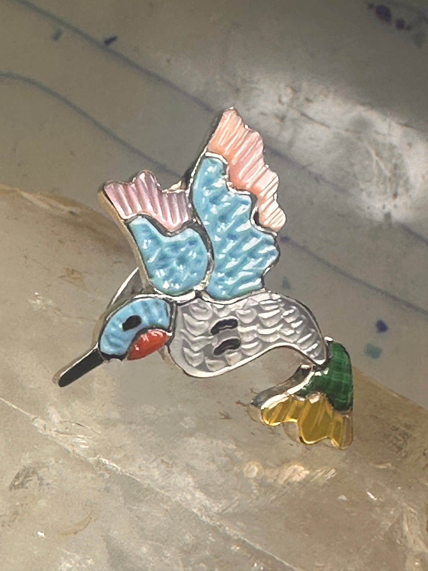 Hummingbird ring Zuni bird turquoise MOP size 6.25 sterling silver women