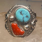Navajo ring turquoise coral  leaves feathers size 10 sterling silver women men