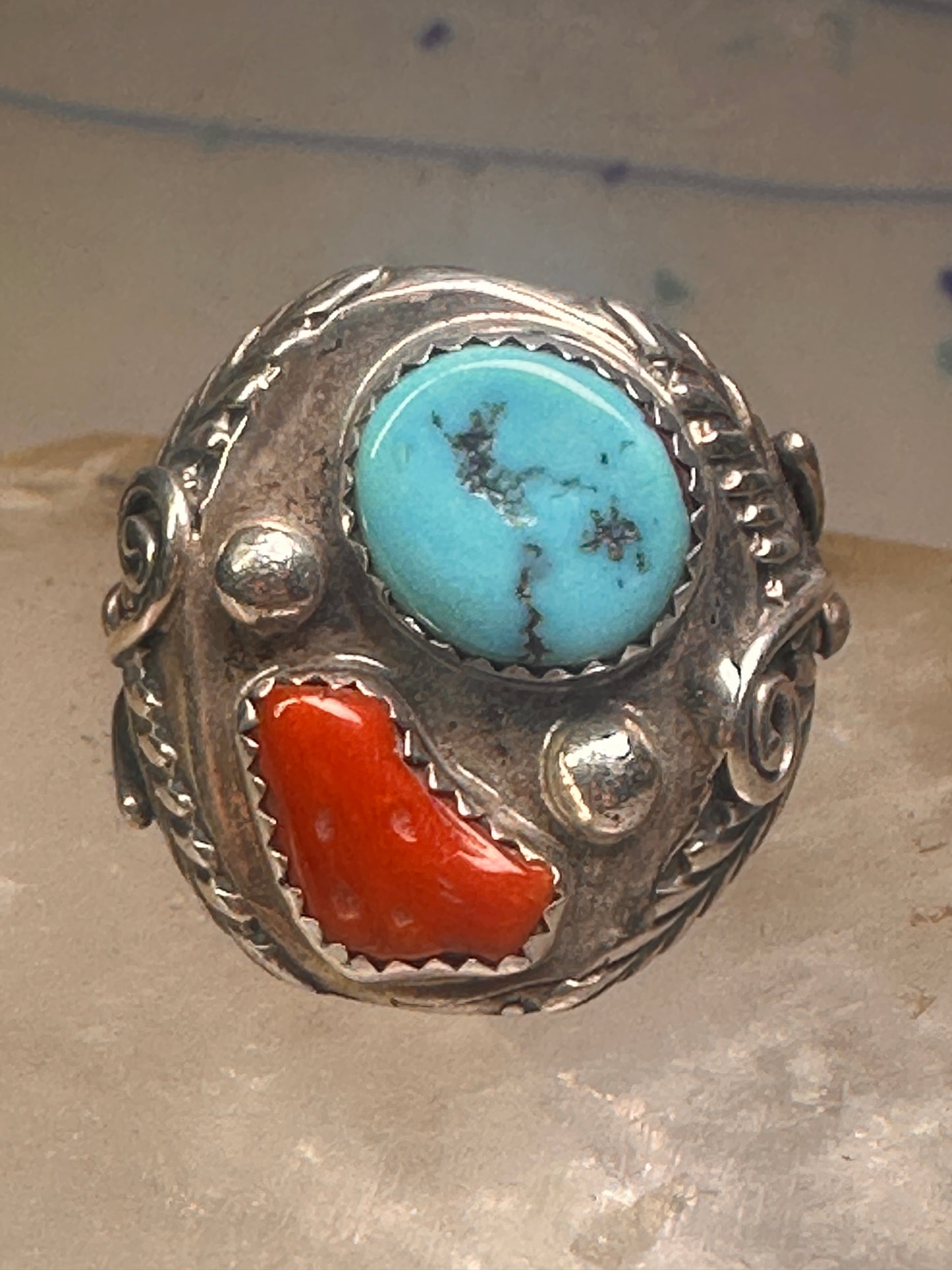 Navajo ring turquoise coral  leaves feathers size 10 sterling silver women men