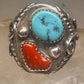 Navajo ring turquoise coral  leaves feathers size 10 sterling silver women men
