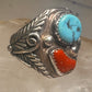 Navajo ring turquoise coral  leaves feathers size 10 sterling silver women men