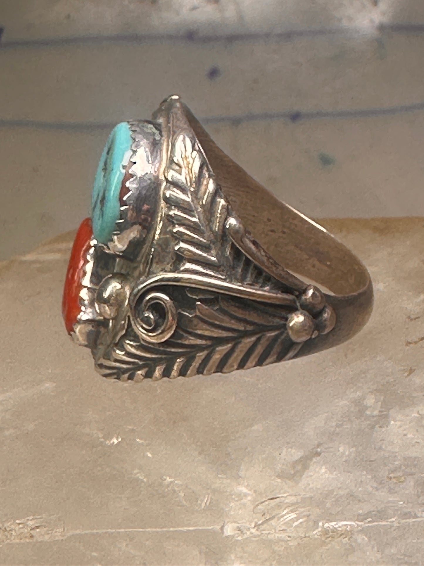 Navajo ring turquoise coral  leaves feathers size 10 sterling silver women men