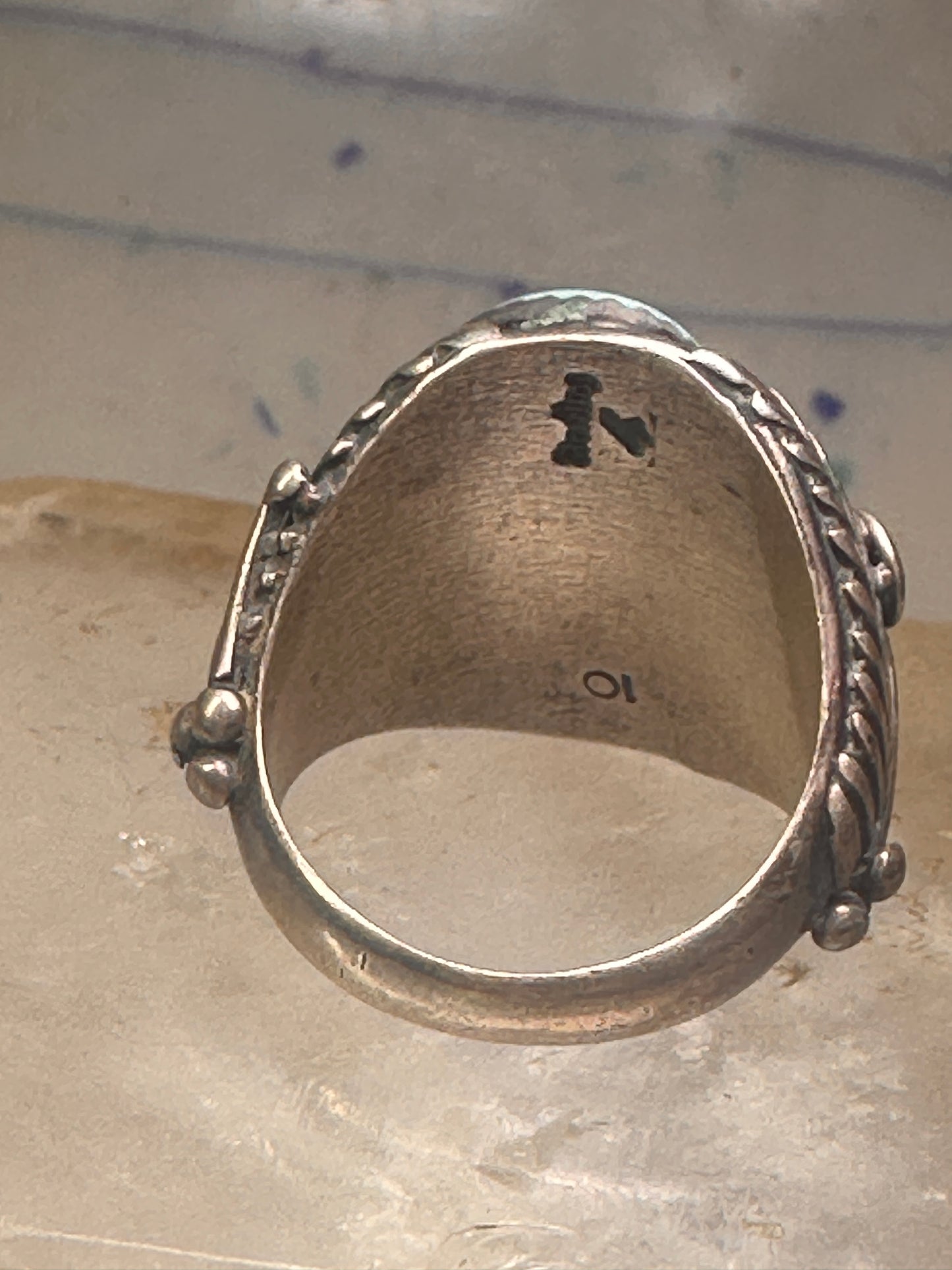 Navajo ring turquoise coral  leaves feathers size 10 sterling silver women men