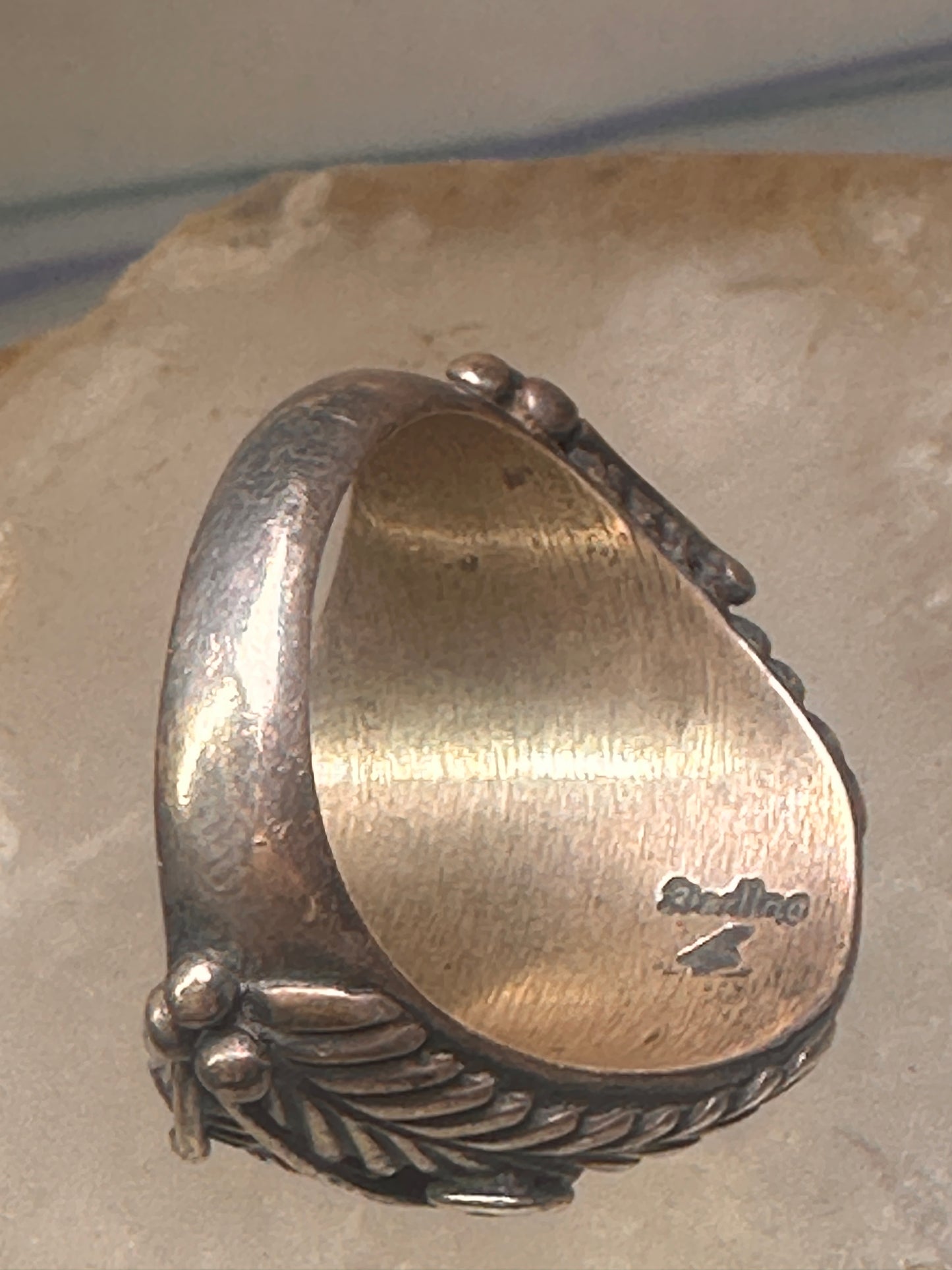 Navajo ring turquoise coral  leaves feathers size 10 sterling silver women men