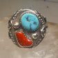 Navajo ring turquoise coral  leaves feathers size 10 sterling silver women men