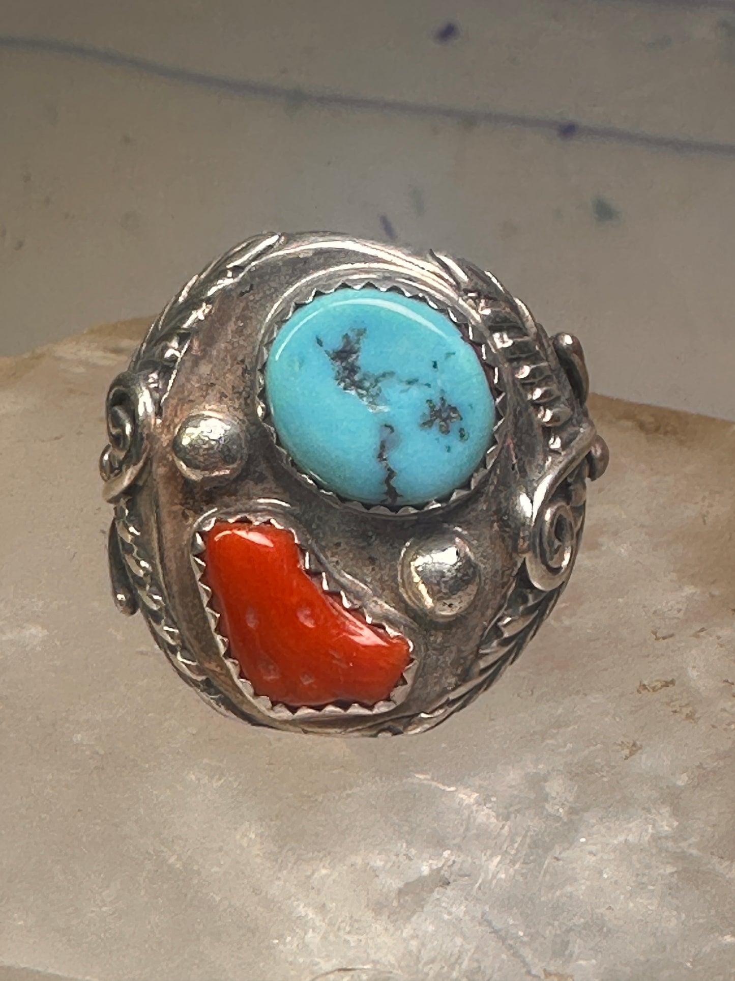 Navajo ring turquoise coral  leaves feathers size 10 sterling silver women men