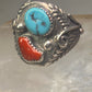 Navajo ring turquoise coral  leaves feathers size 10 sterling silver women men