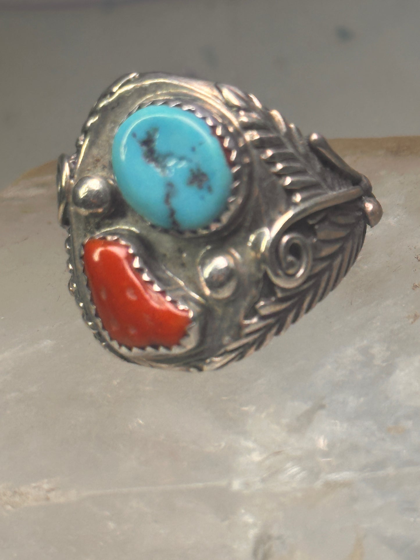 Navajo ring turquoise coral  leaves feathers size 10 sterling silver women men
