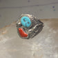 Navajo ring turquoise coral  leaves feathers size 10 sterling silver women men