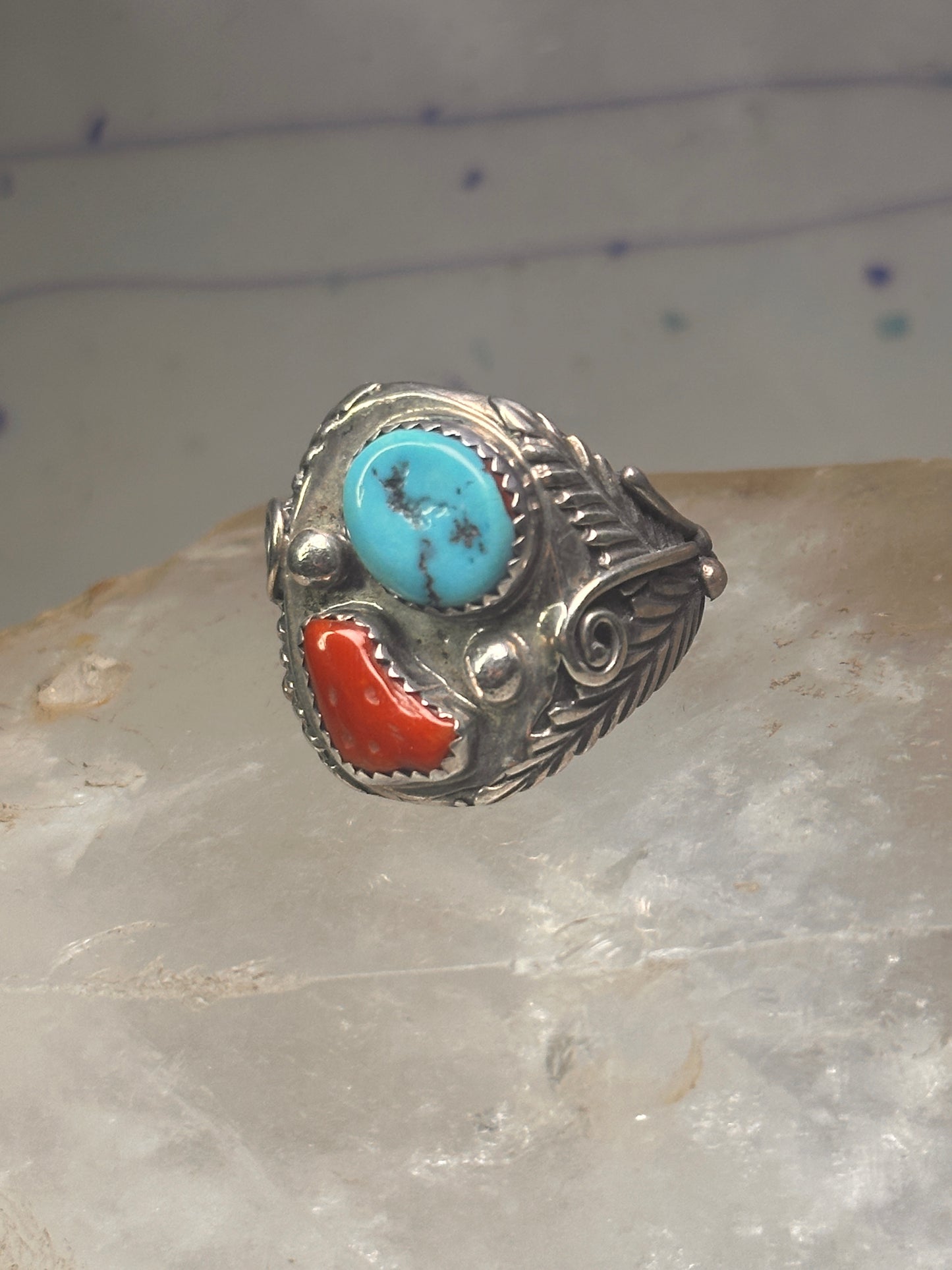 Navajo ring turquoise coral  leaves feathers size 10 sterling silver women men
