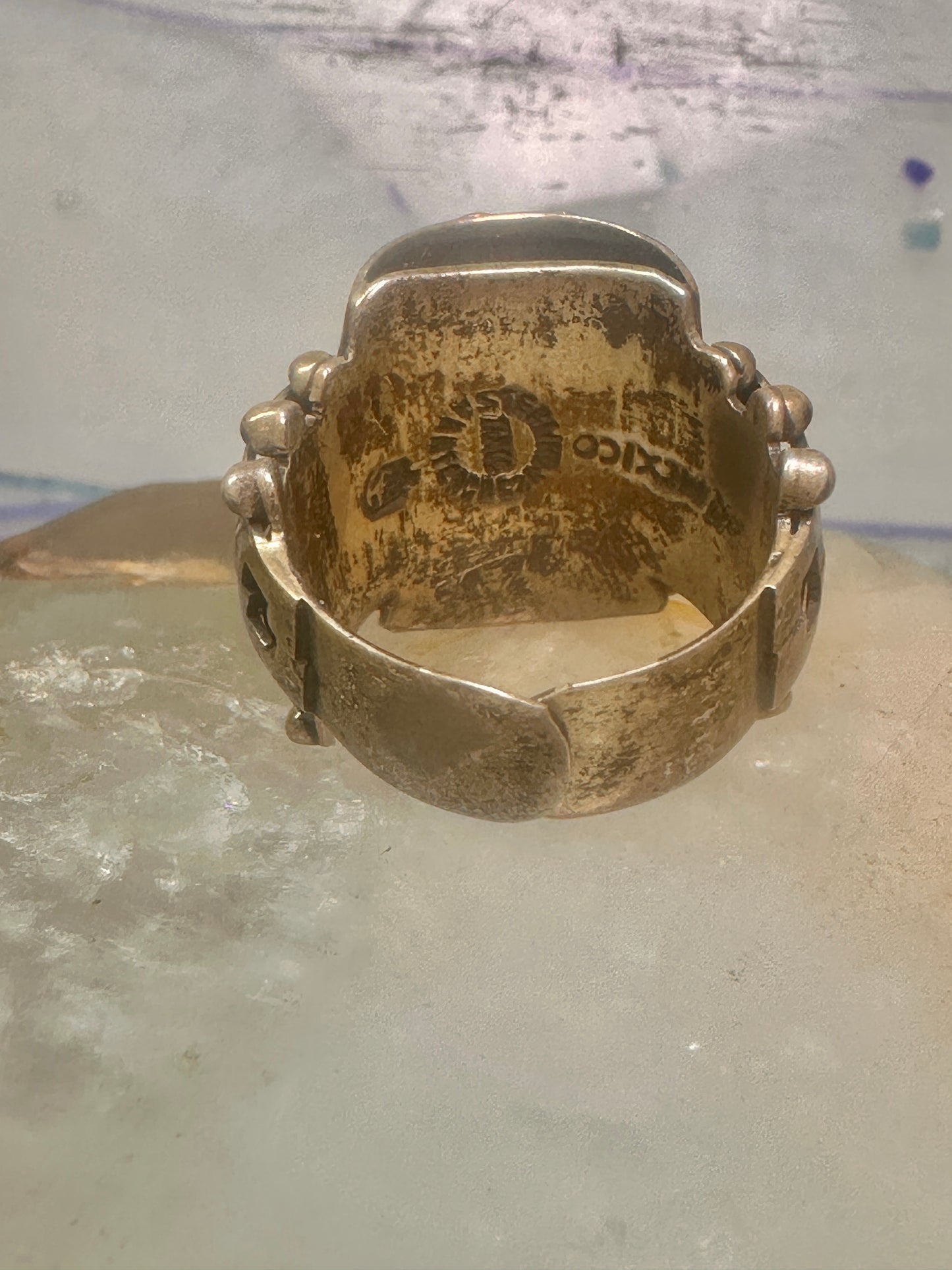 Poison ring Mexico Aztec design band CZ size 8 adj sterling silver women