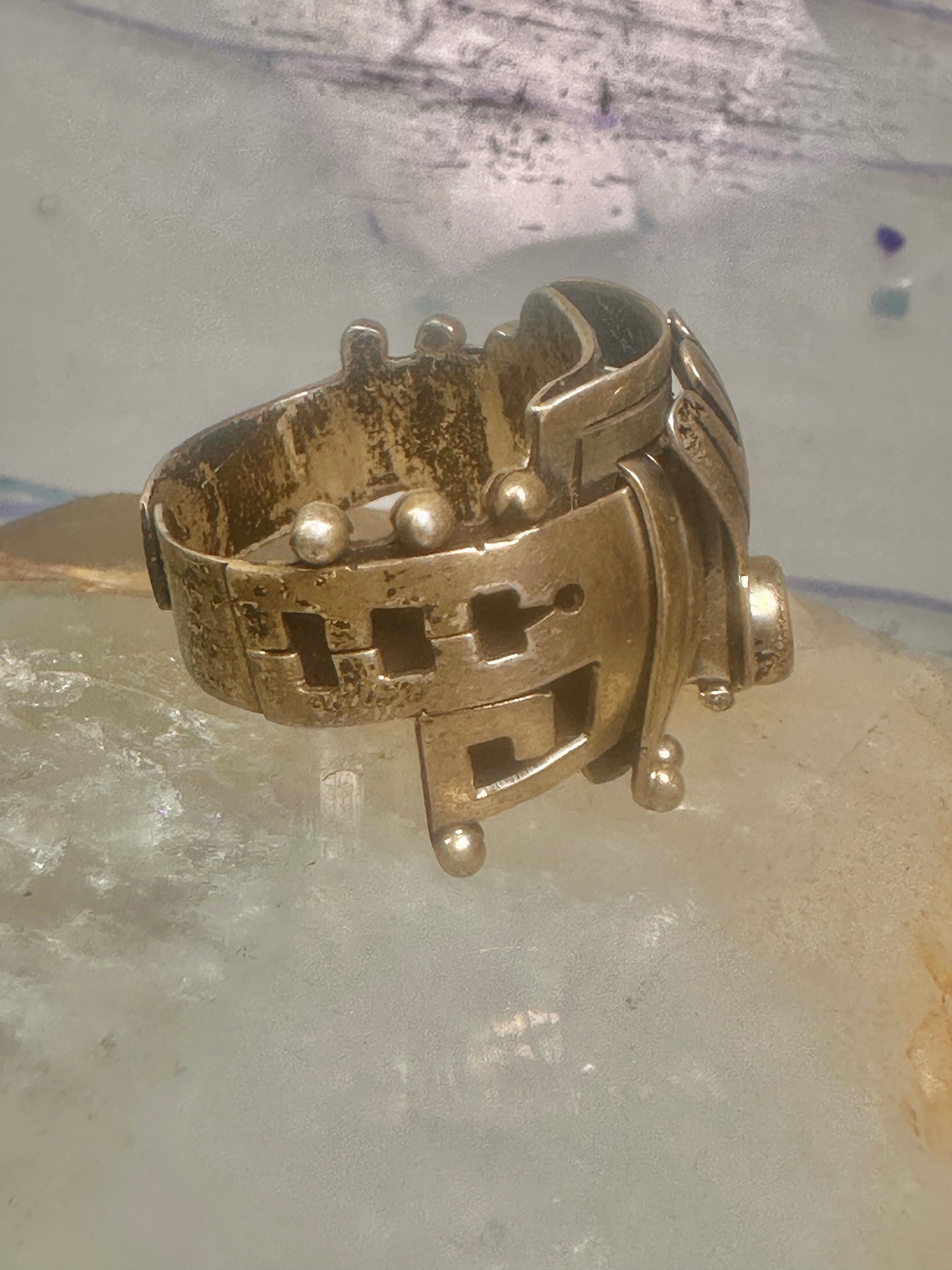 Poison ring Mexico Aztec design band CZ size 8 adj sterling silver women