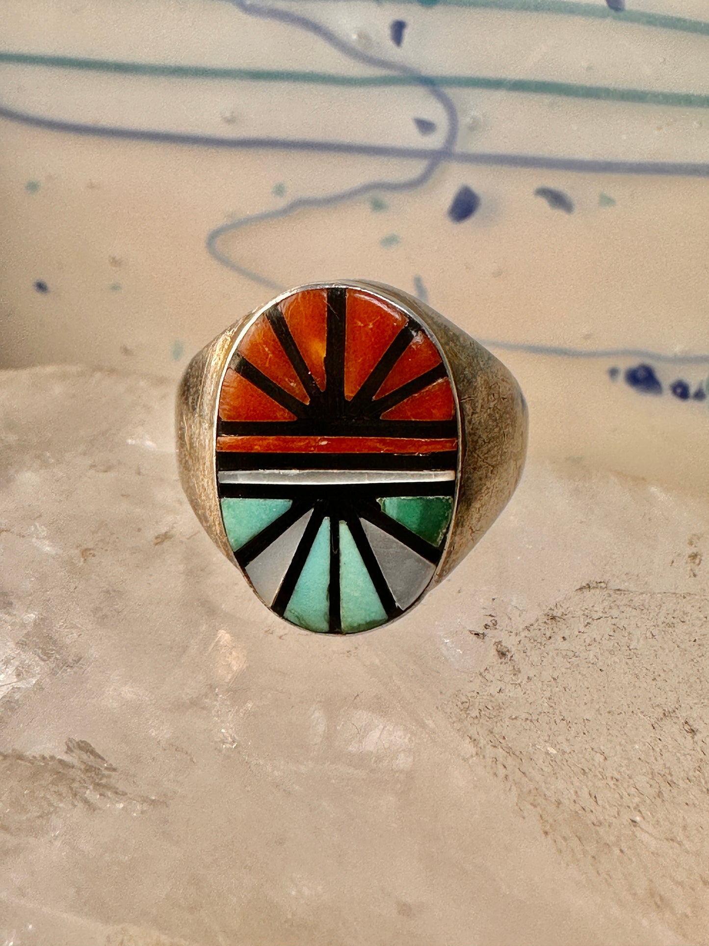 Turquoise Ring Zuni coral inlay mother of pearl boho size 10.7 sterling silver women men
