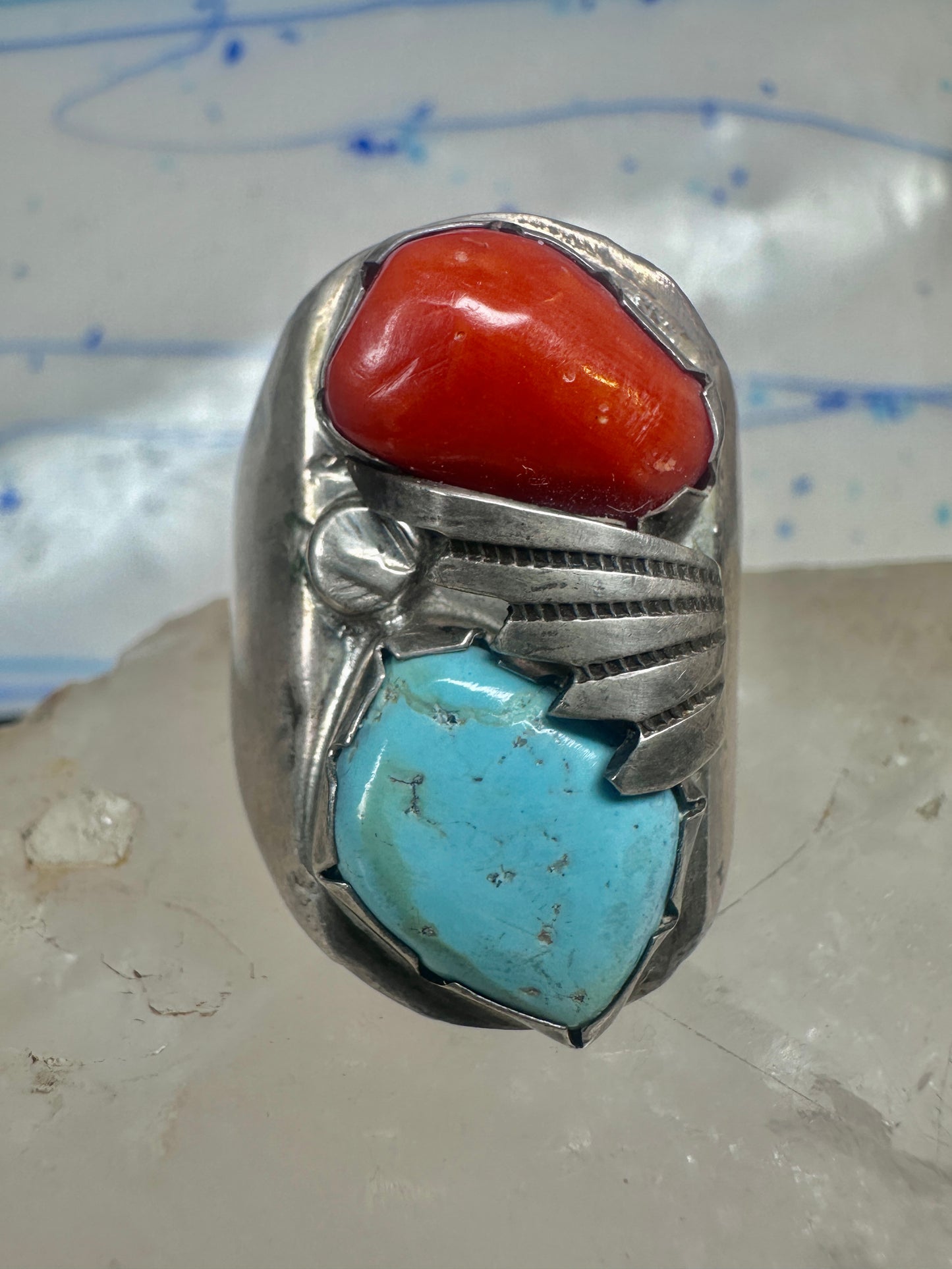 Navajo ring size 12.50 turquoise coral band sterling silver women men