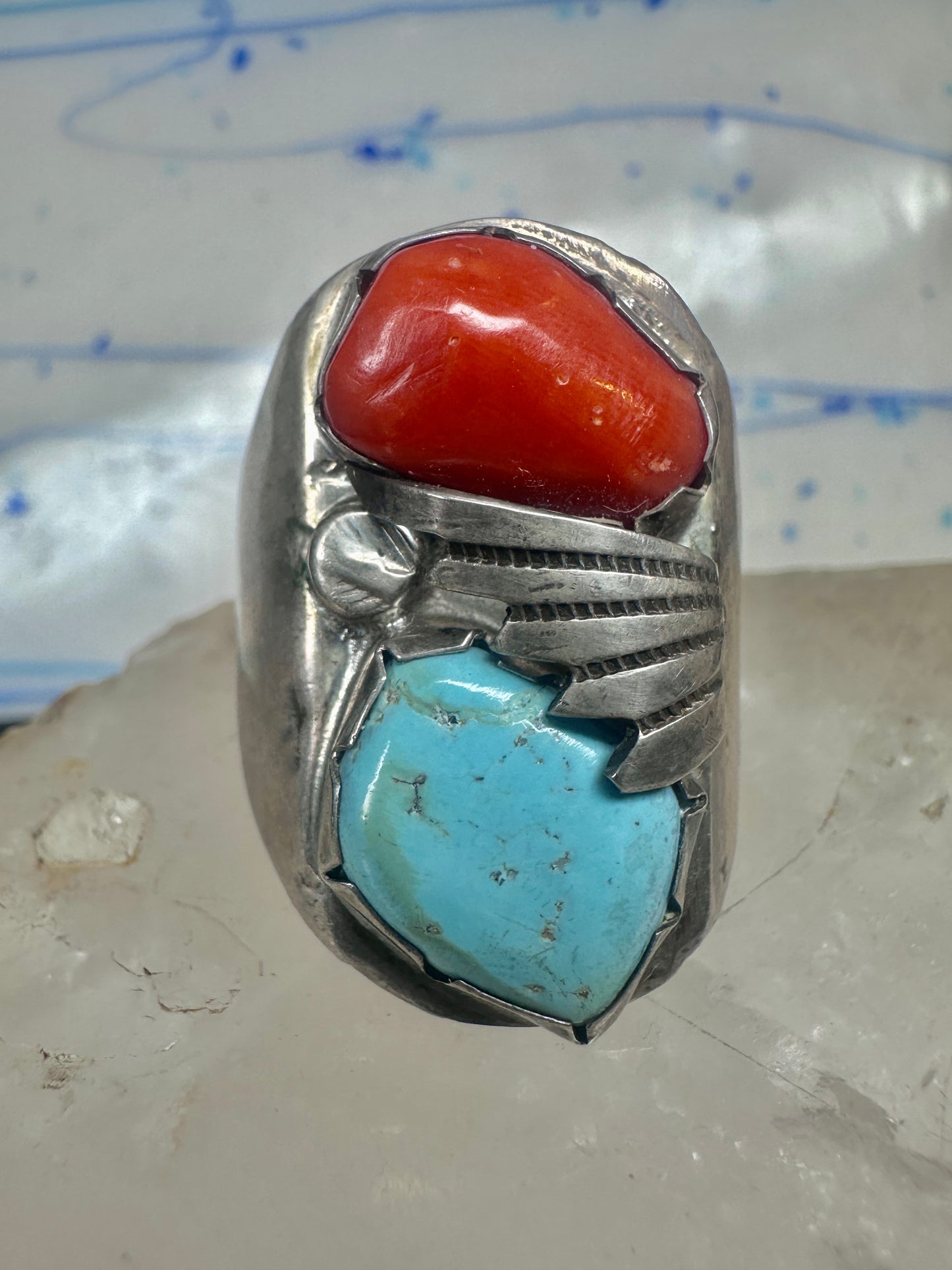 Navajo ring size 12.50 turquoise coral band sterling silver women men