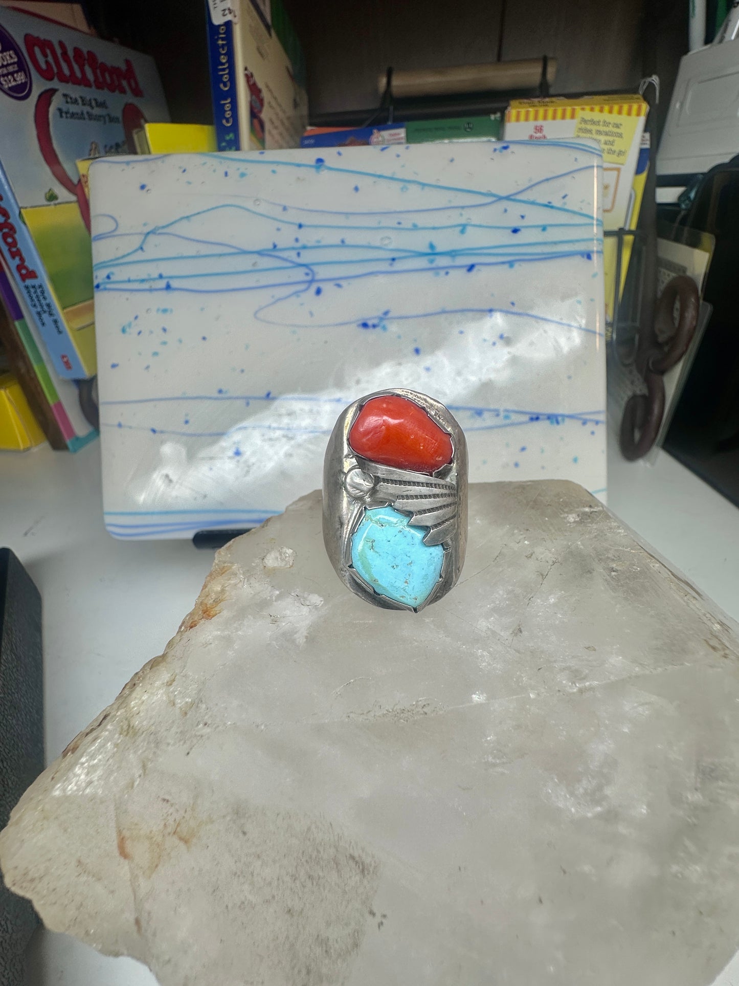 Navajo ring size 12.50 turquoise coral band sterling silver women men
