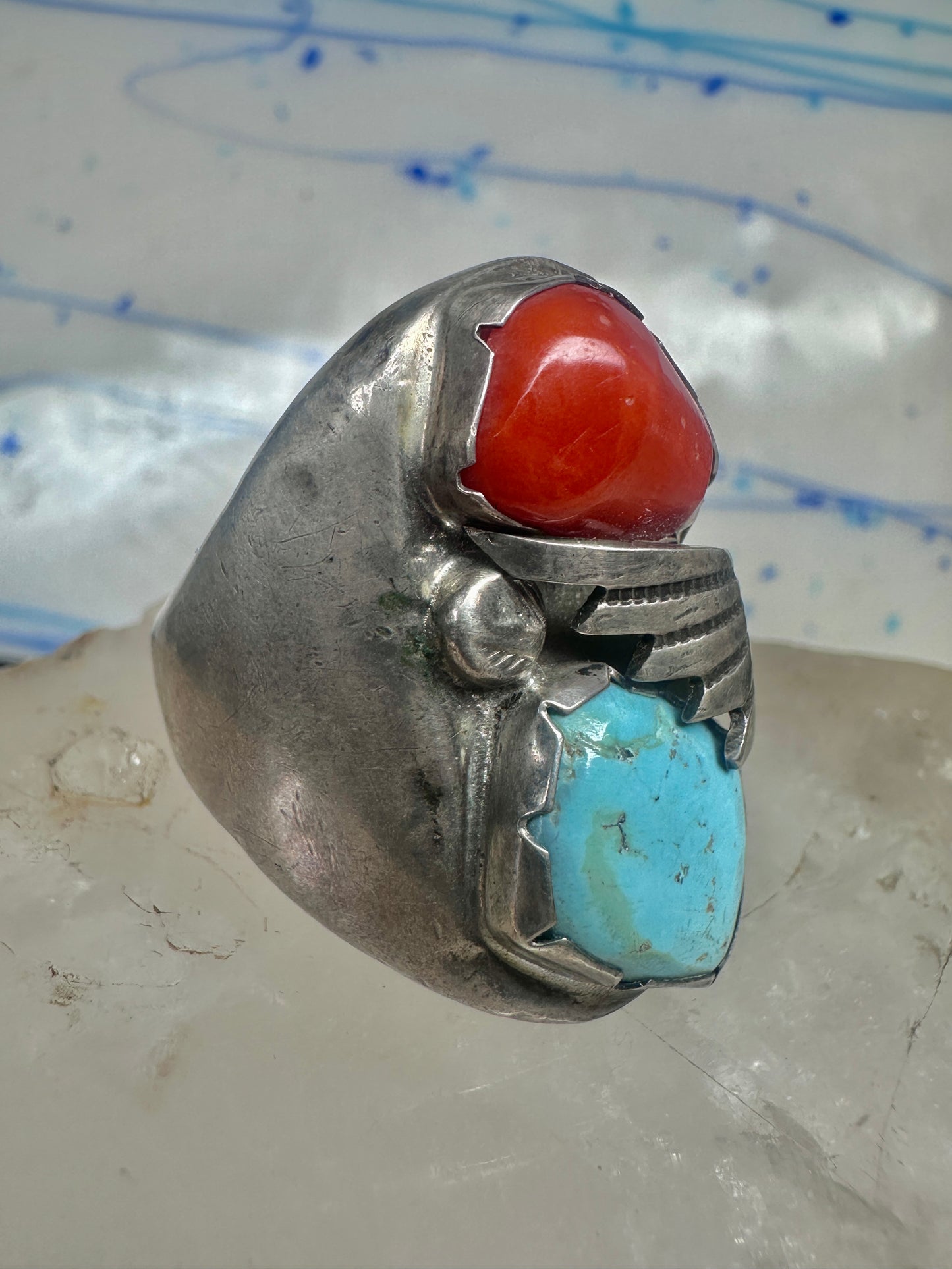 Navajo ring size 12.50 turquoise coral band sterling silver women men